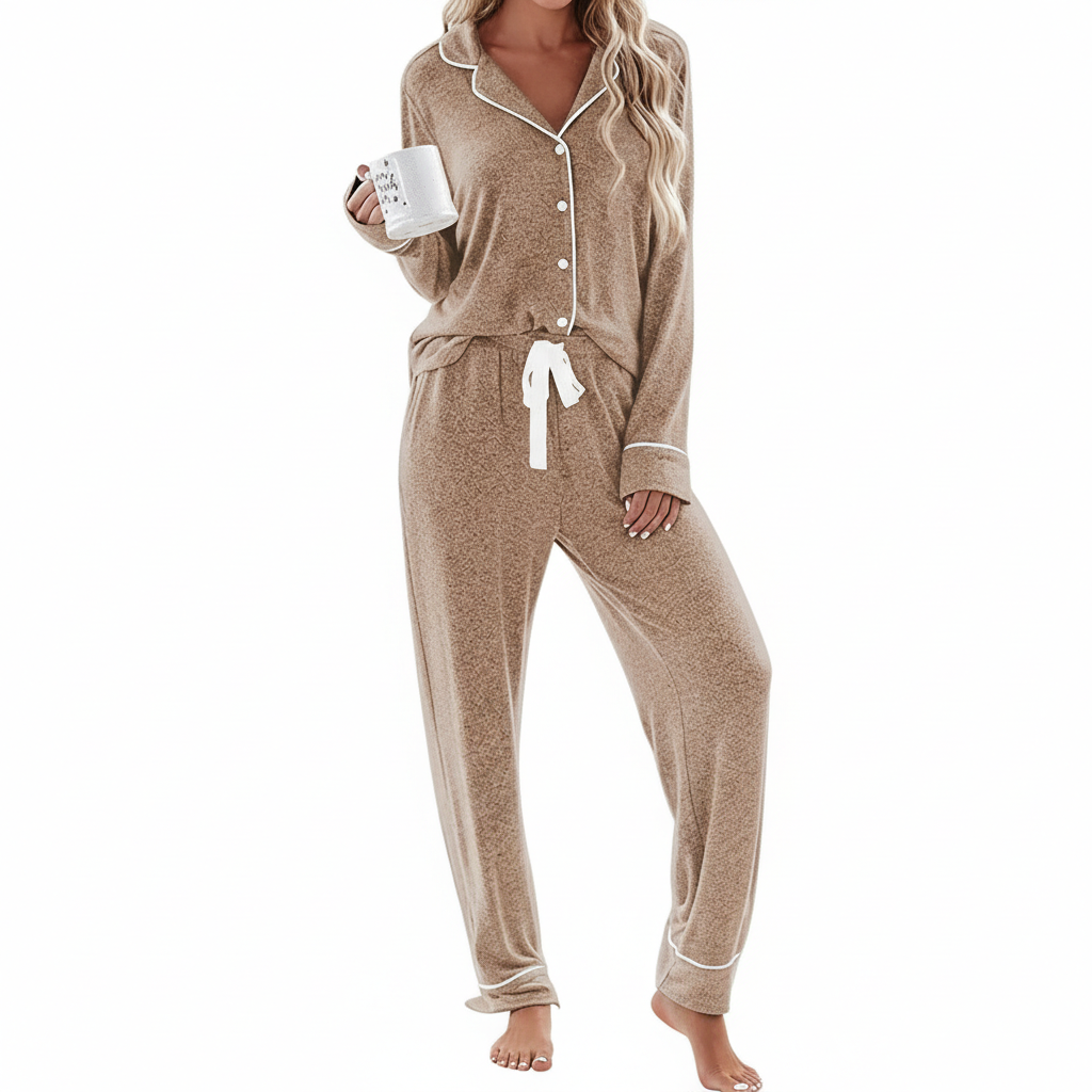 Soft Long Sleeve Pajama Set Button Front Sleepwear For Women