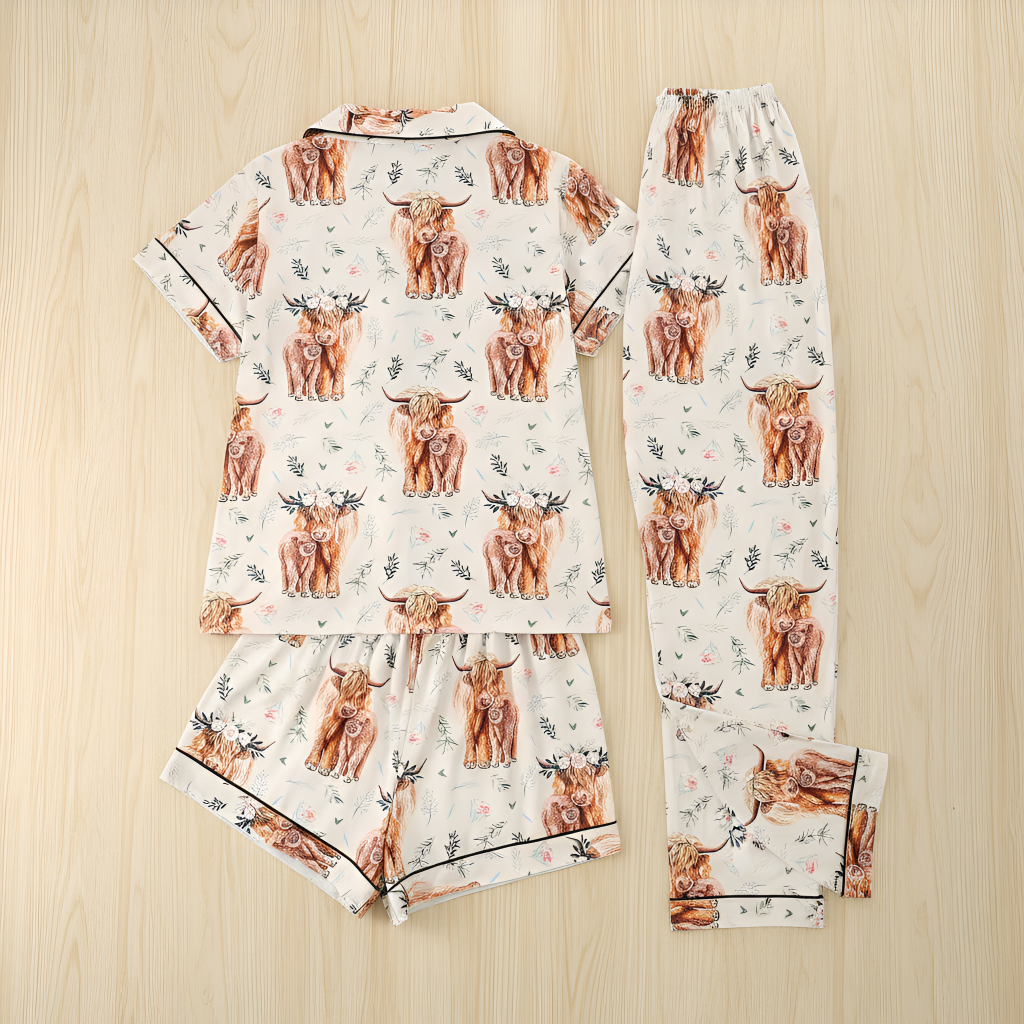 Three-piece floral cow print adult pajama set, can be worn outside