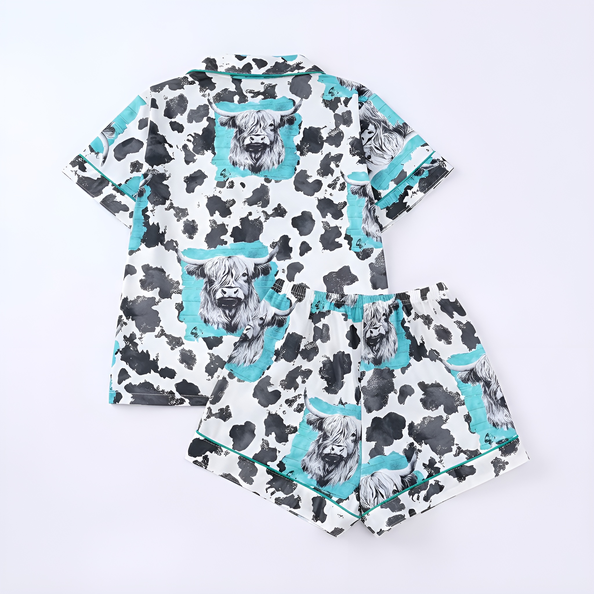 Ink Style Highland Cow Print Short Sleeve Pajama Set For Women