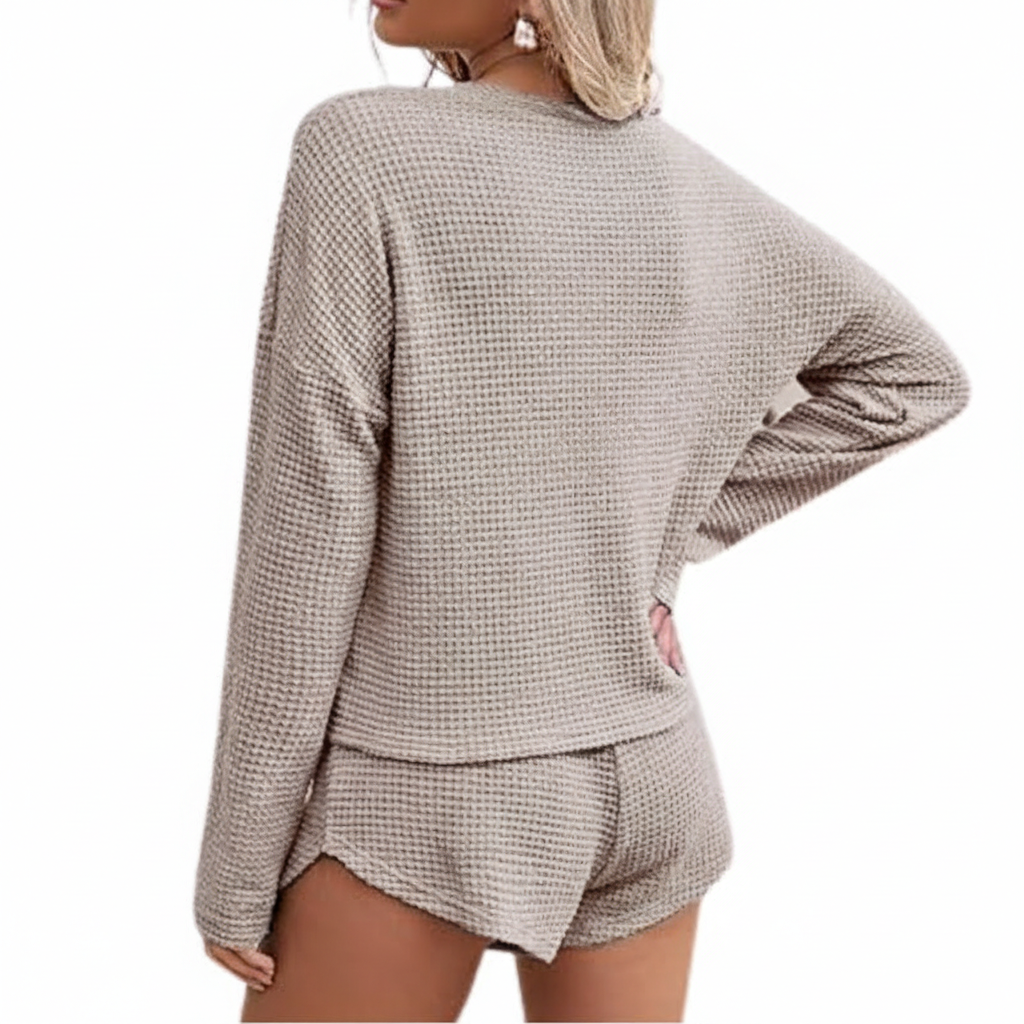 Waffle Knit Two Piece Lounge Set With Long Sleeve Top And Shorts