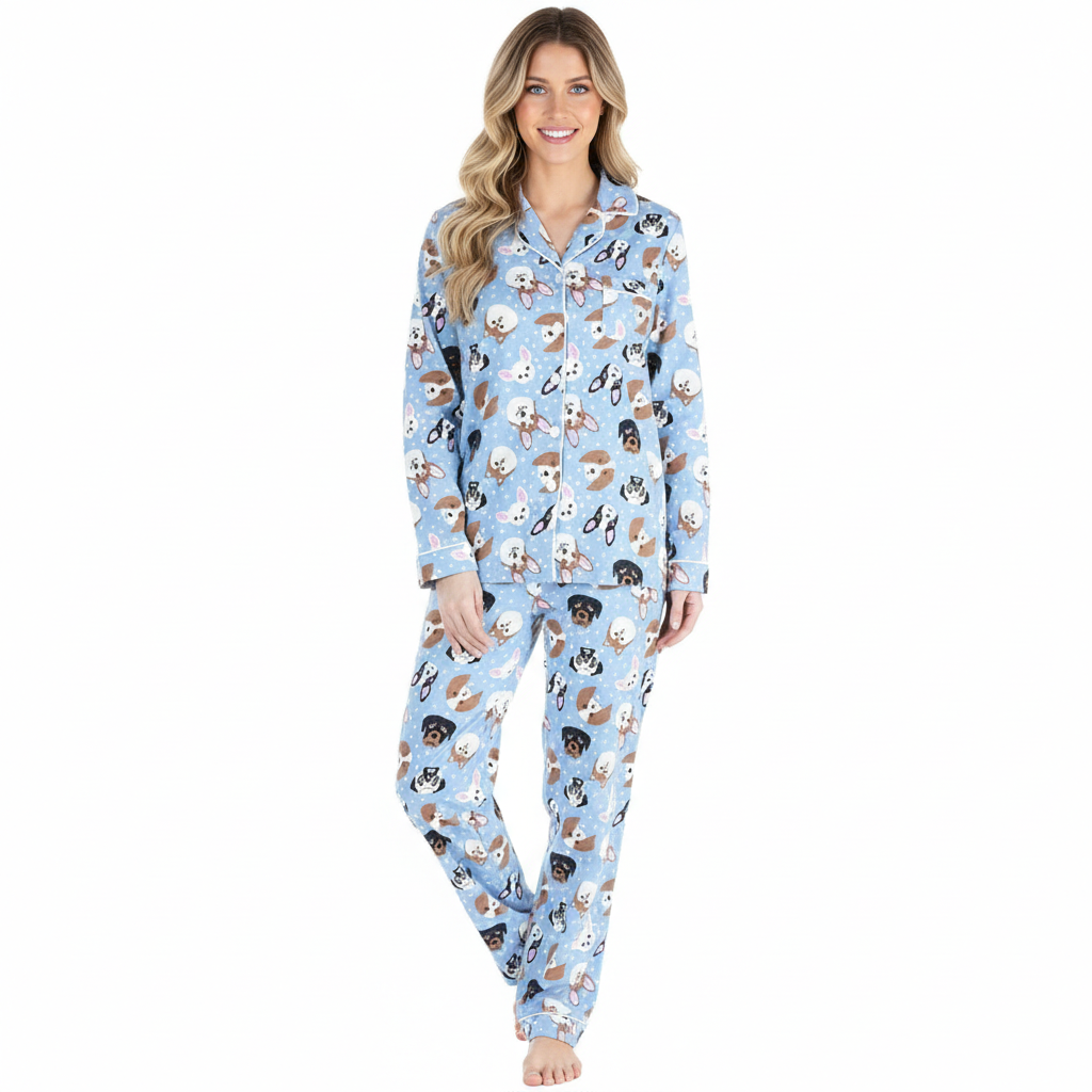 Flannel Button Down Long Sleeve Pajama Set For Women