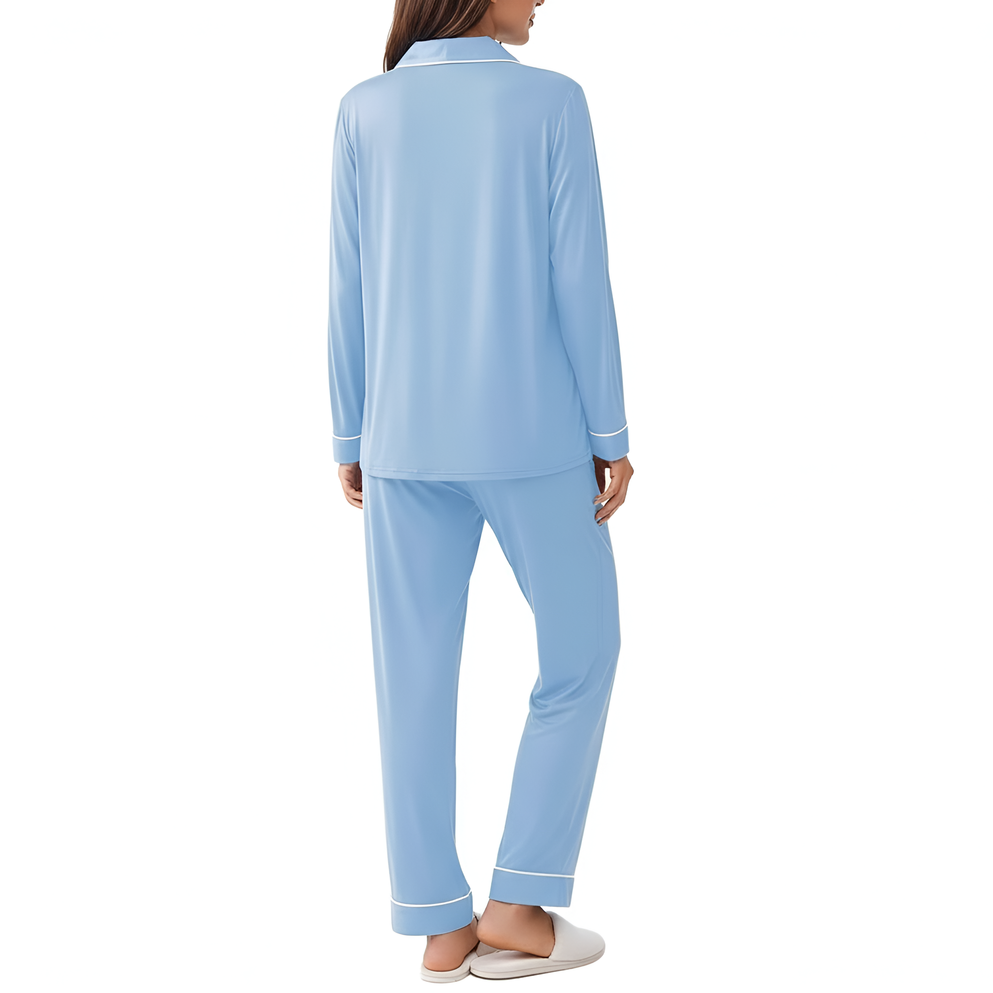 Long Sleeve Button Front Top Two Piece Pajama Set With Pants For Women