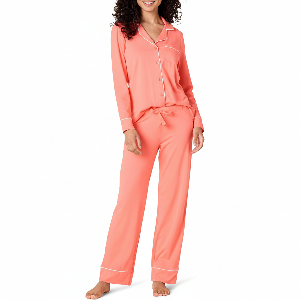 Long Sleeve Button Front Loungewear Pajama Set For Women
