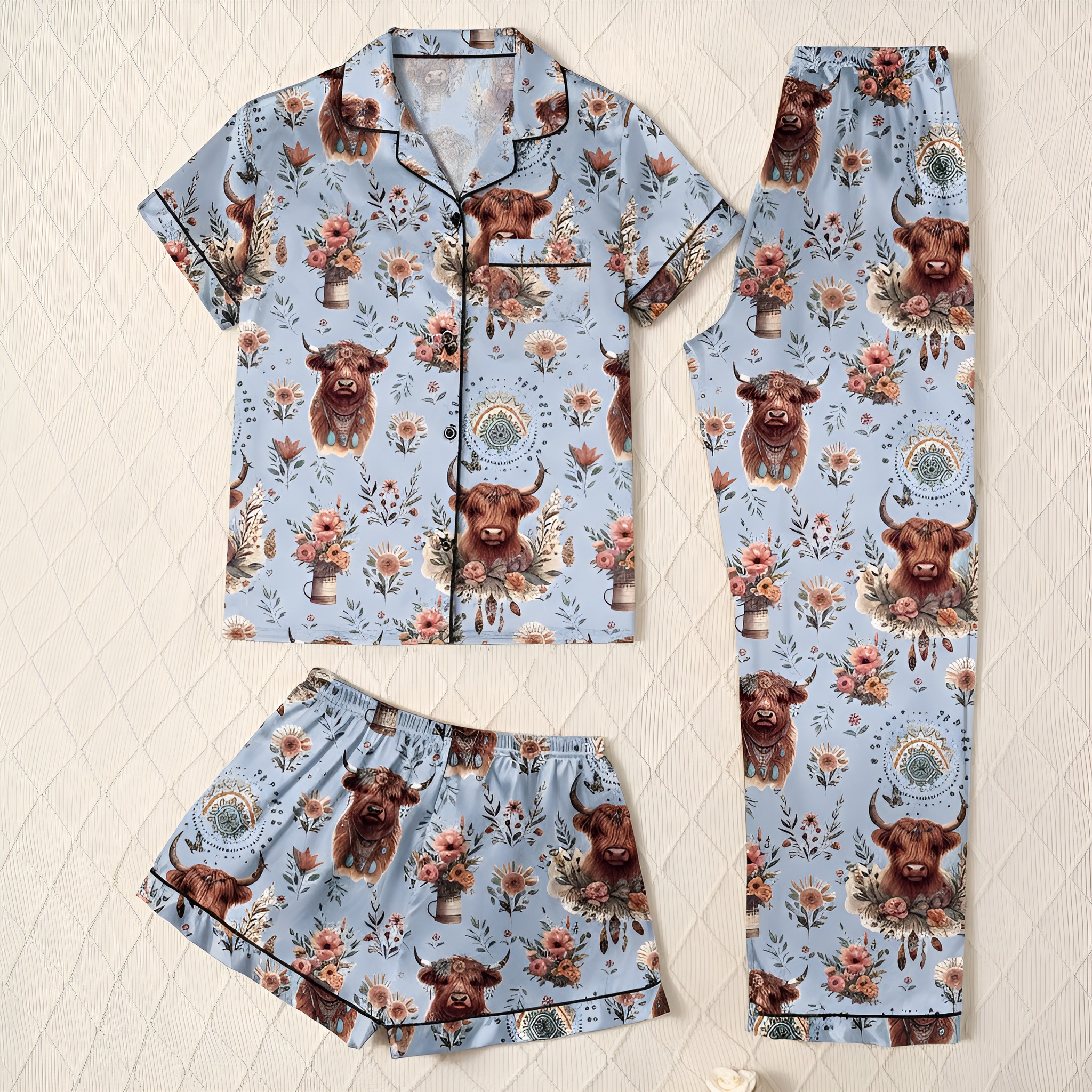Floral Yak Three Piece Pajama Set