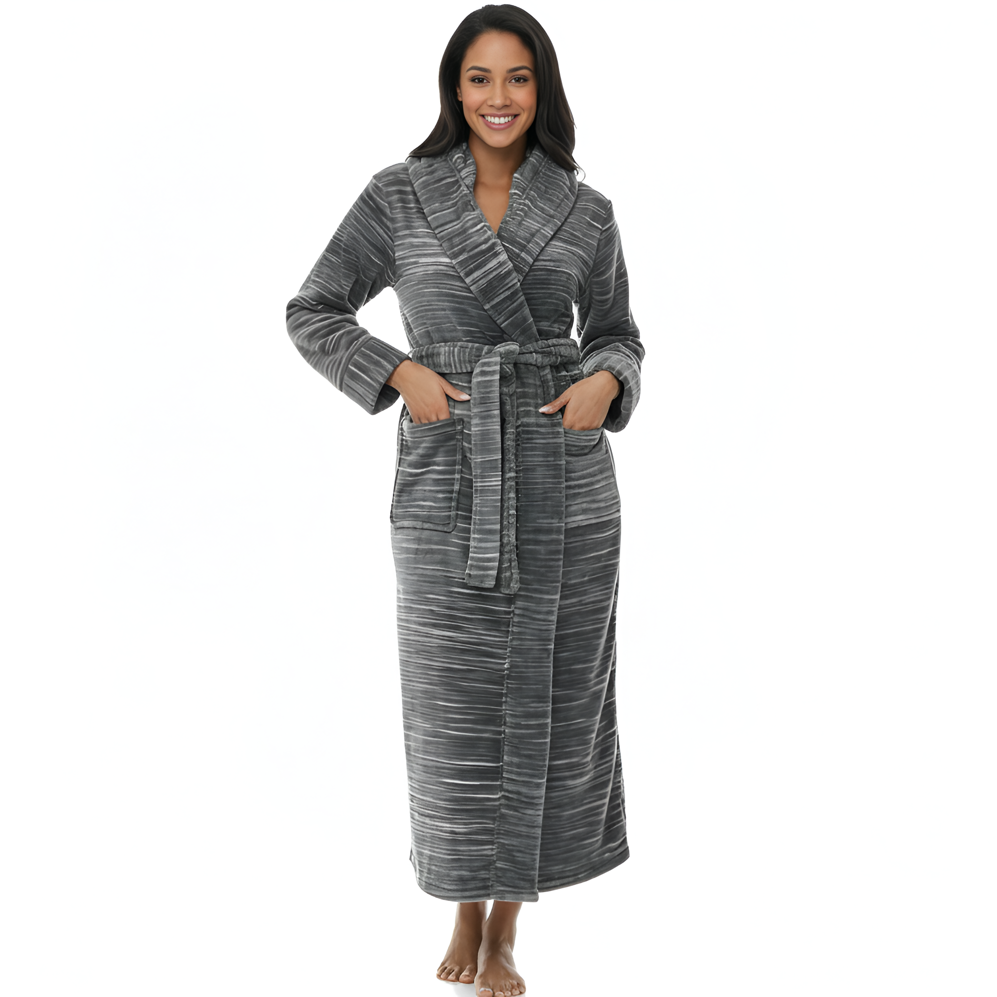 Full Length Hooded Plush Fleece Bathrobe With Belt For Women