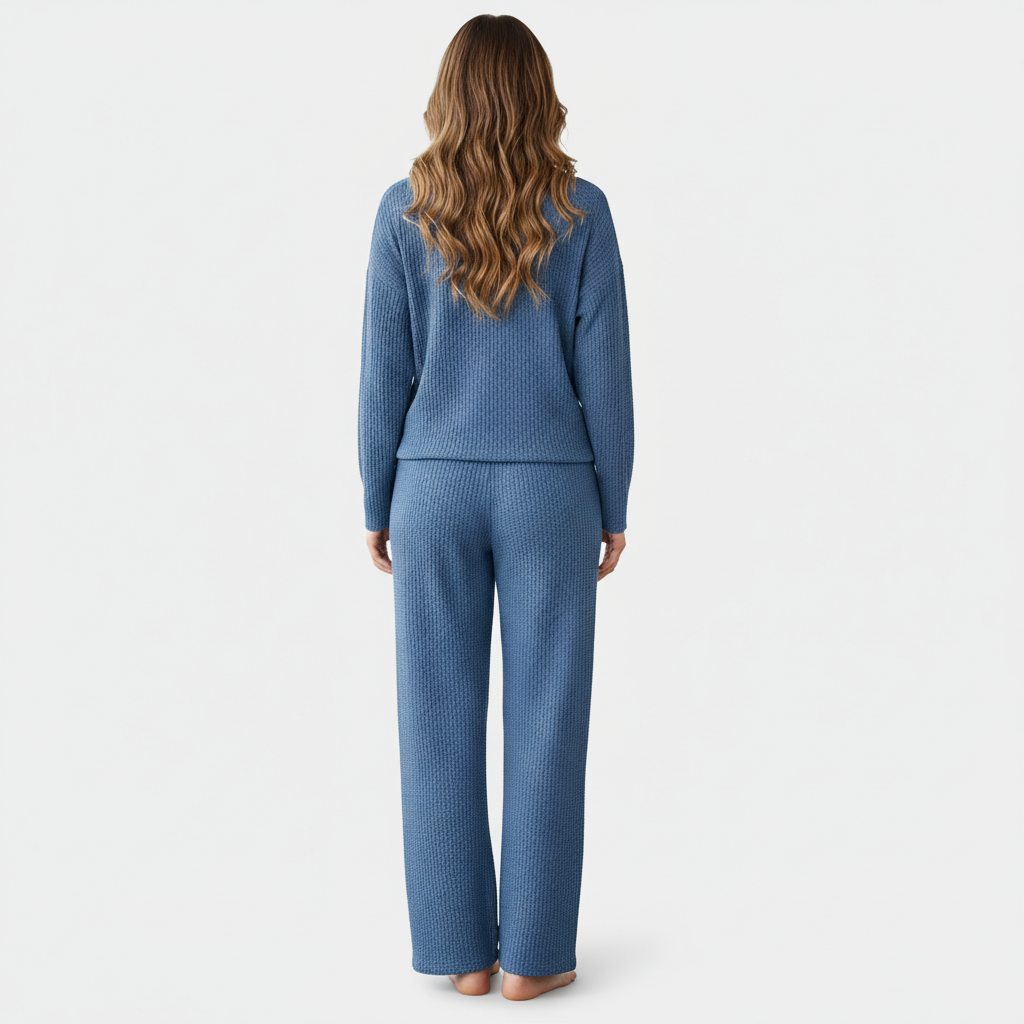 Waffle Knit Long Sleeve 2 Piece Lounge Wear Pajama Set For Women