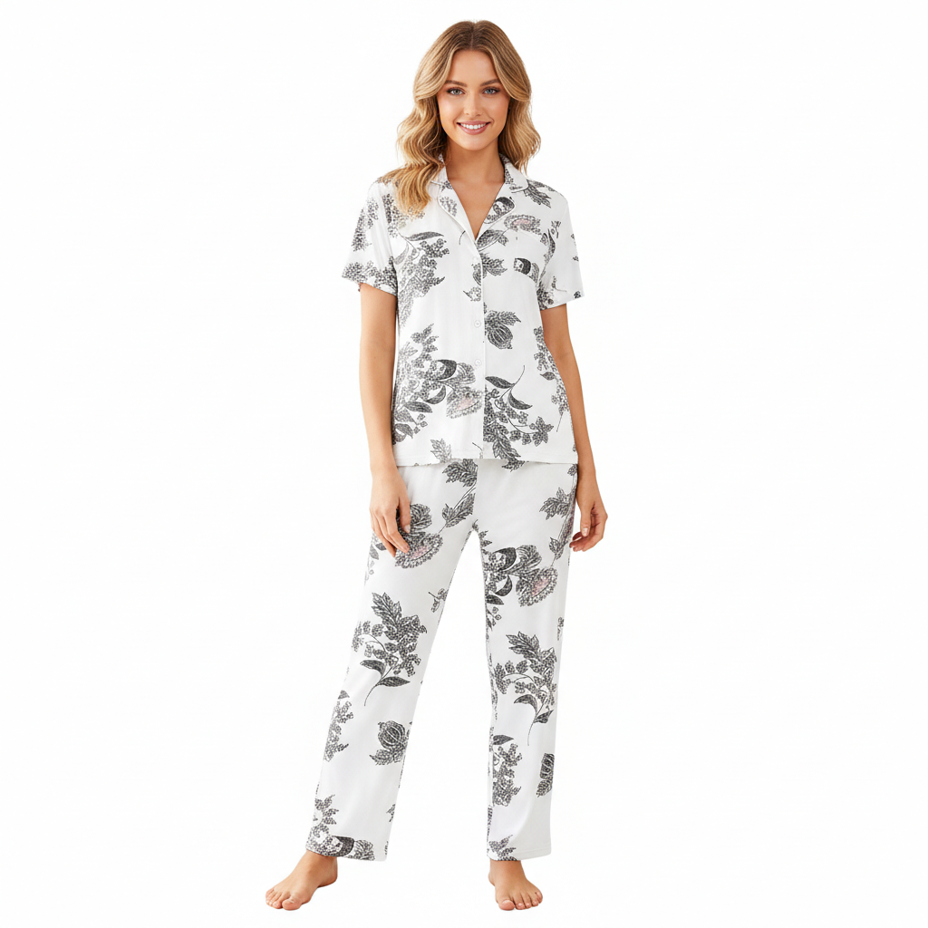 Pajamas Set With Notch Collar Button Down Top And Long Pants For Women