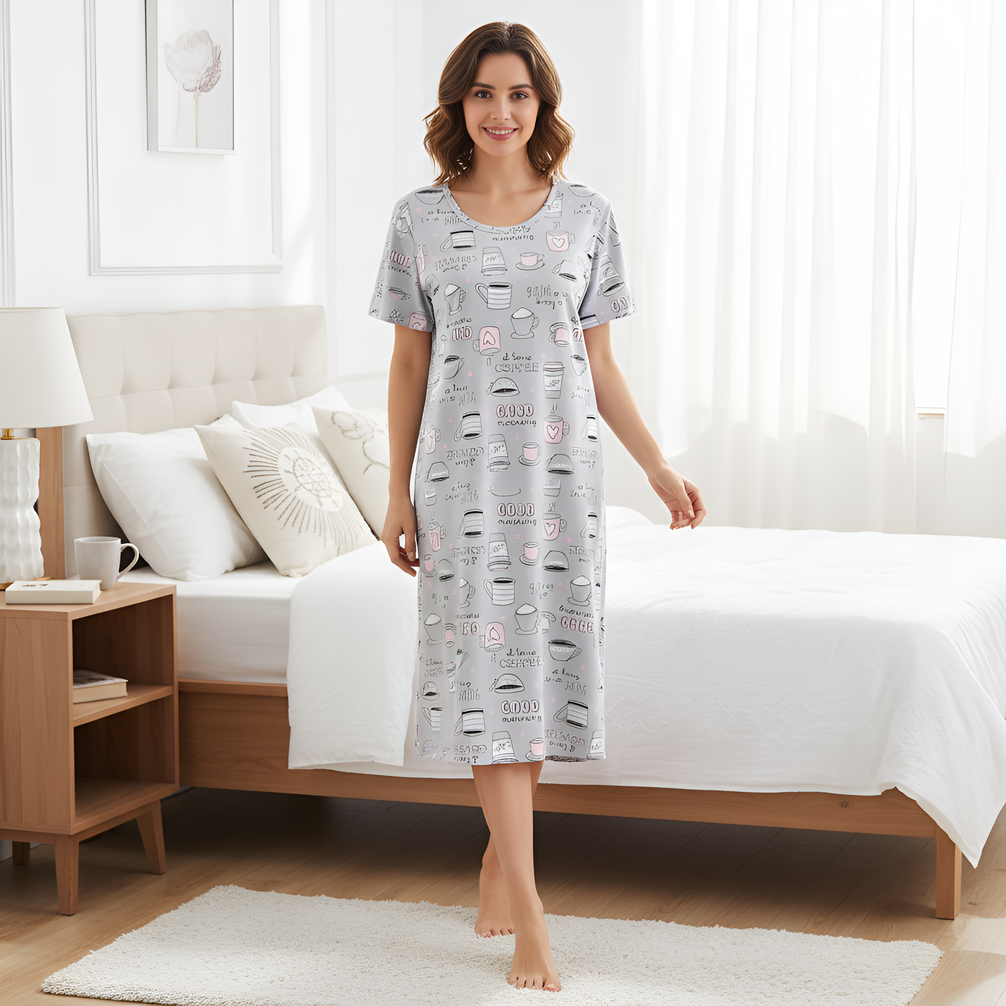 Casual Nightgown Short Sleeve Print Sleepdress 