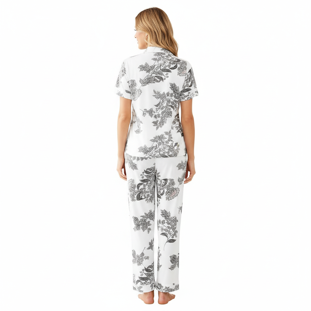 Pajamas Set With Notch Collar Button Down Top And Long Pants For Women