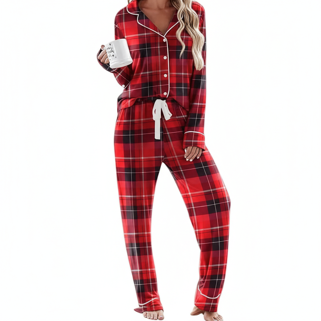 Soft Long Sleeve Pajama Set Button Front Sleepwear For Women