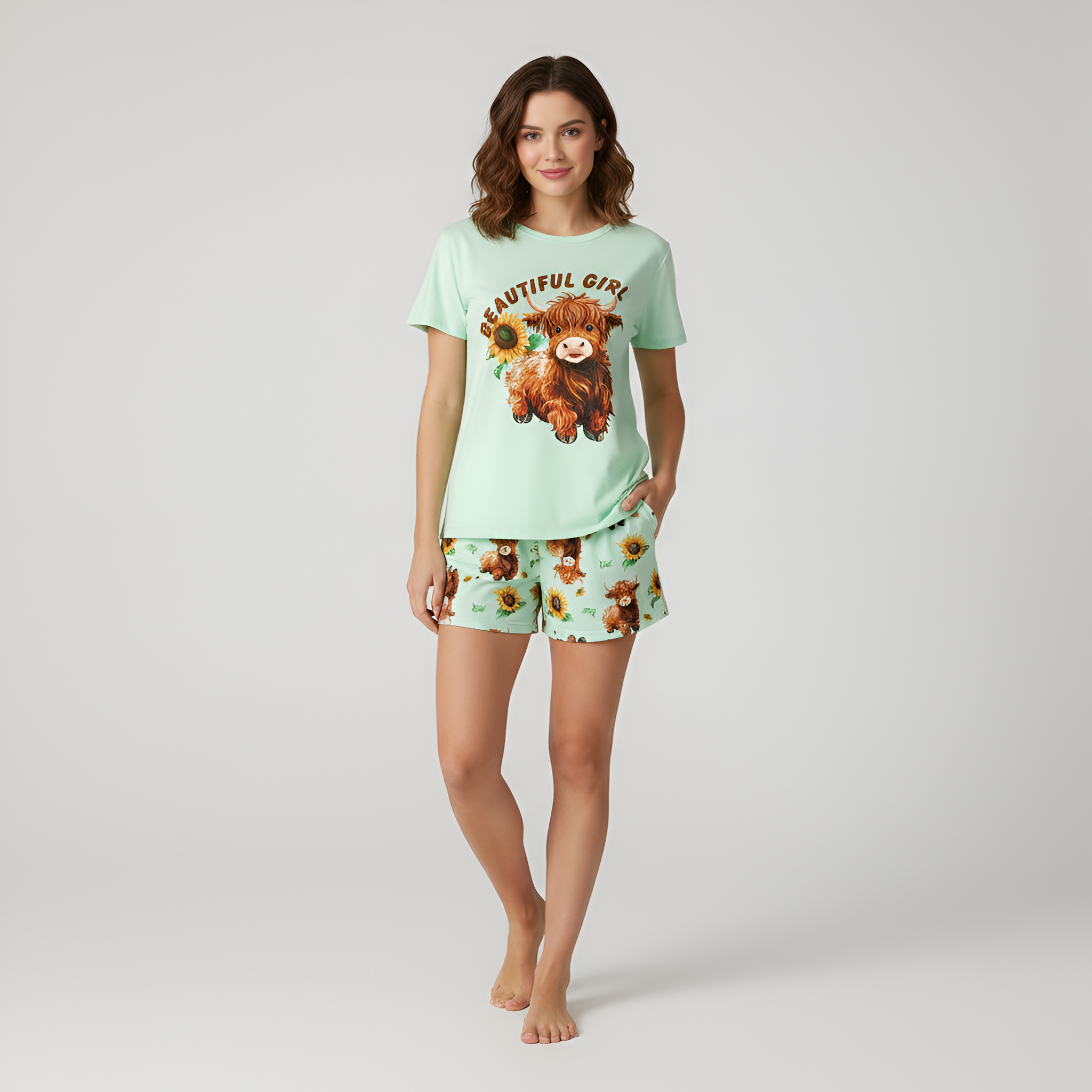 Highland Cow Print 3 Piece Pajama Lounge Set For Women