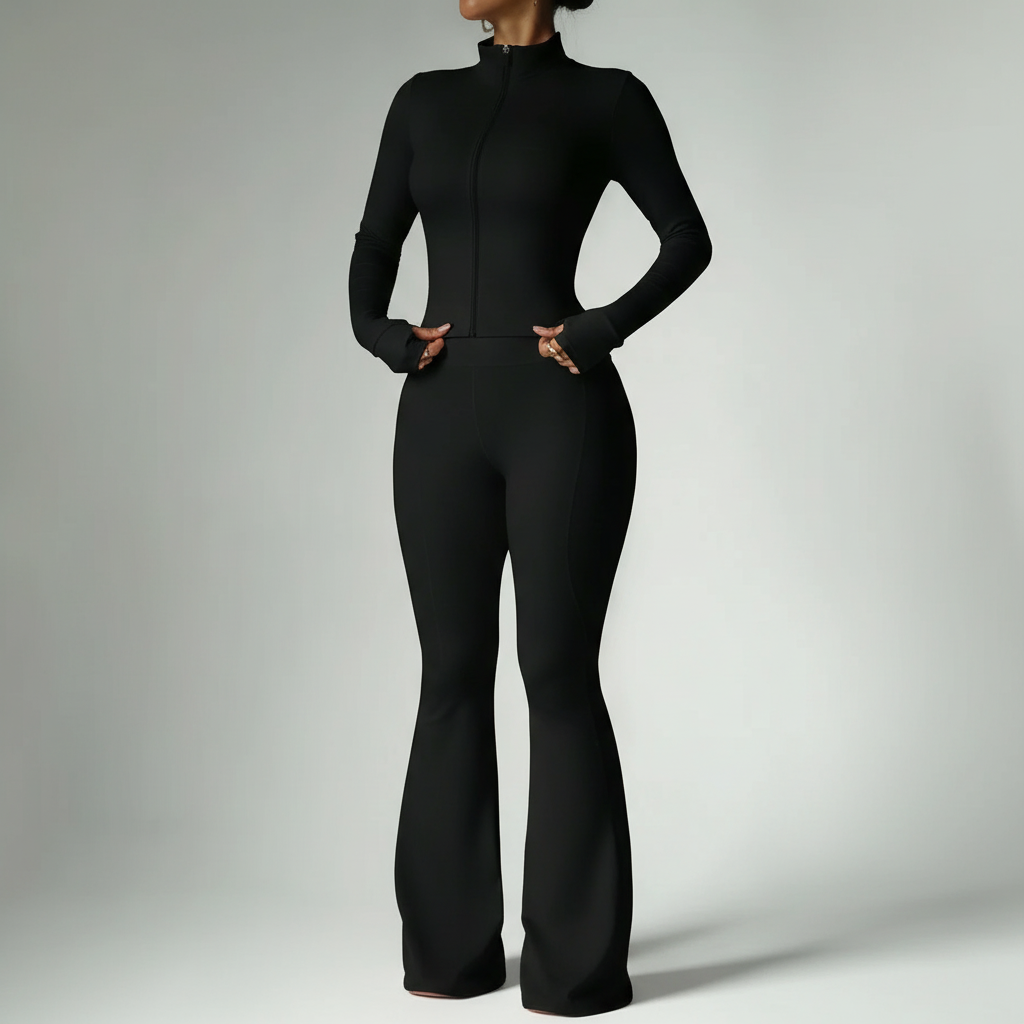 Two Piece Stand Collar Zipper Loungewear Set For Women