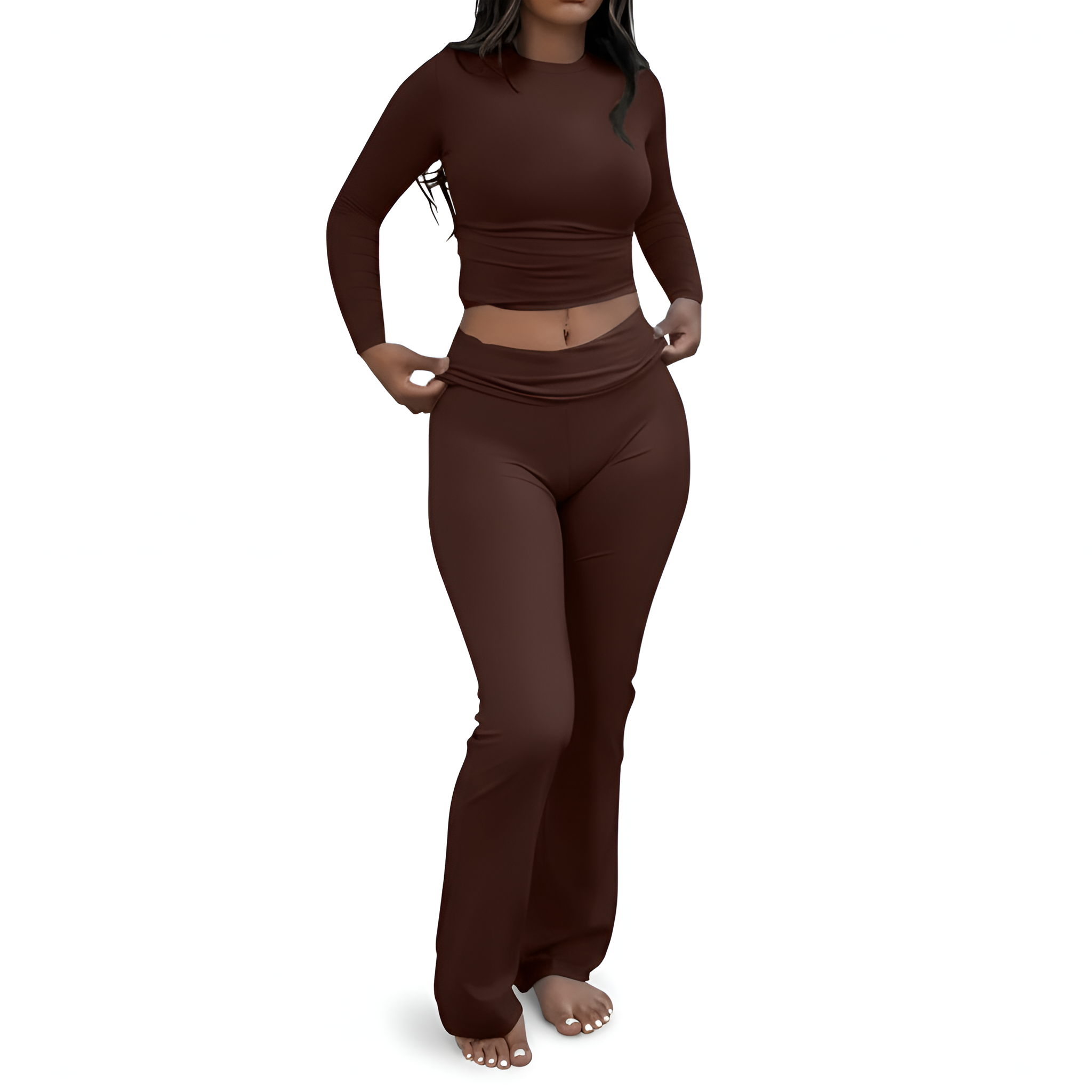 2 Piece Of Soft Lounge Wear Long Sleeve Top And Flared Pants Set For Women