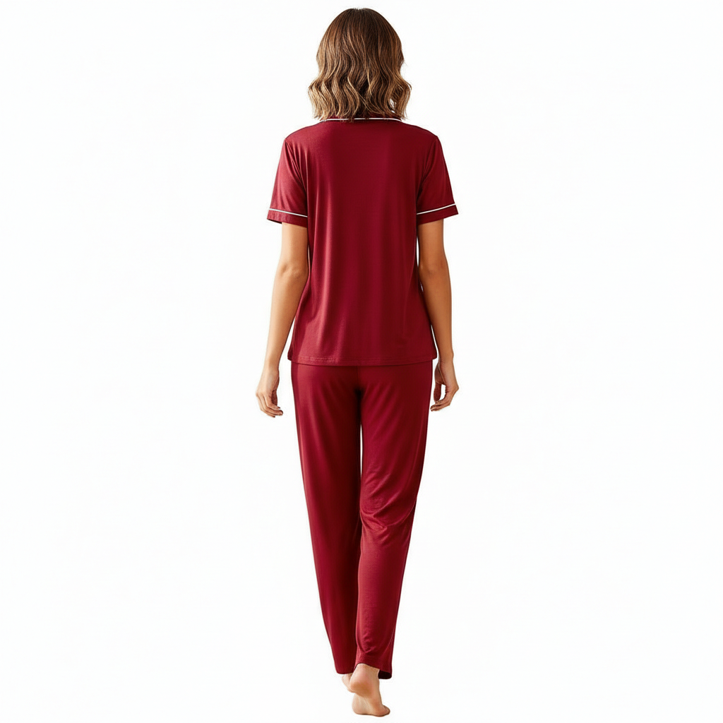 Pajamas Set With Notch Collar Button Down Top And Long Pants For Women