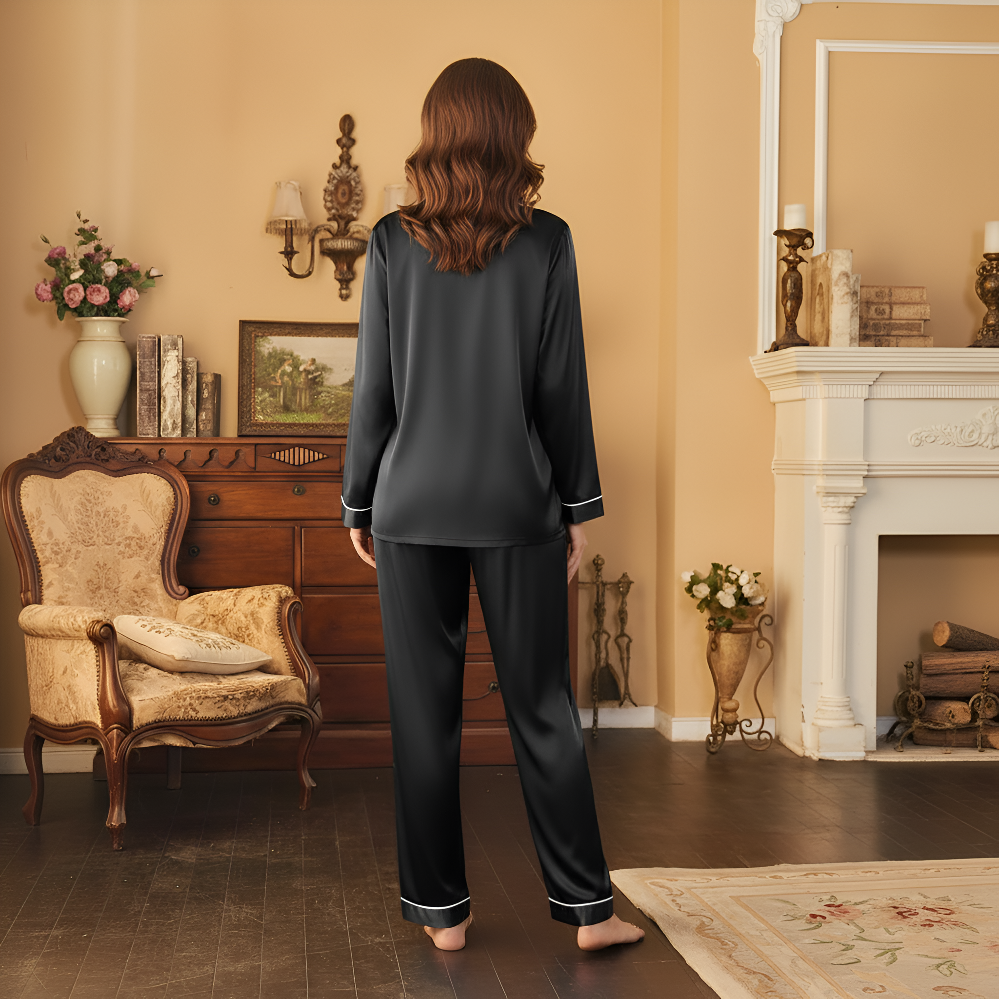 Classic Long Sleeve Pajama Set Button Front For Women