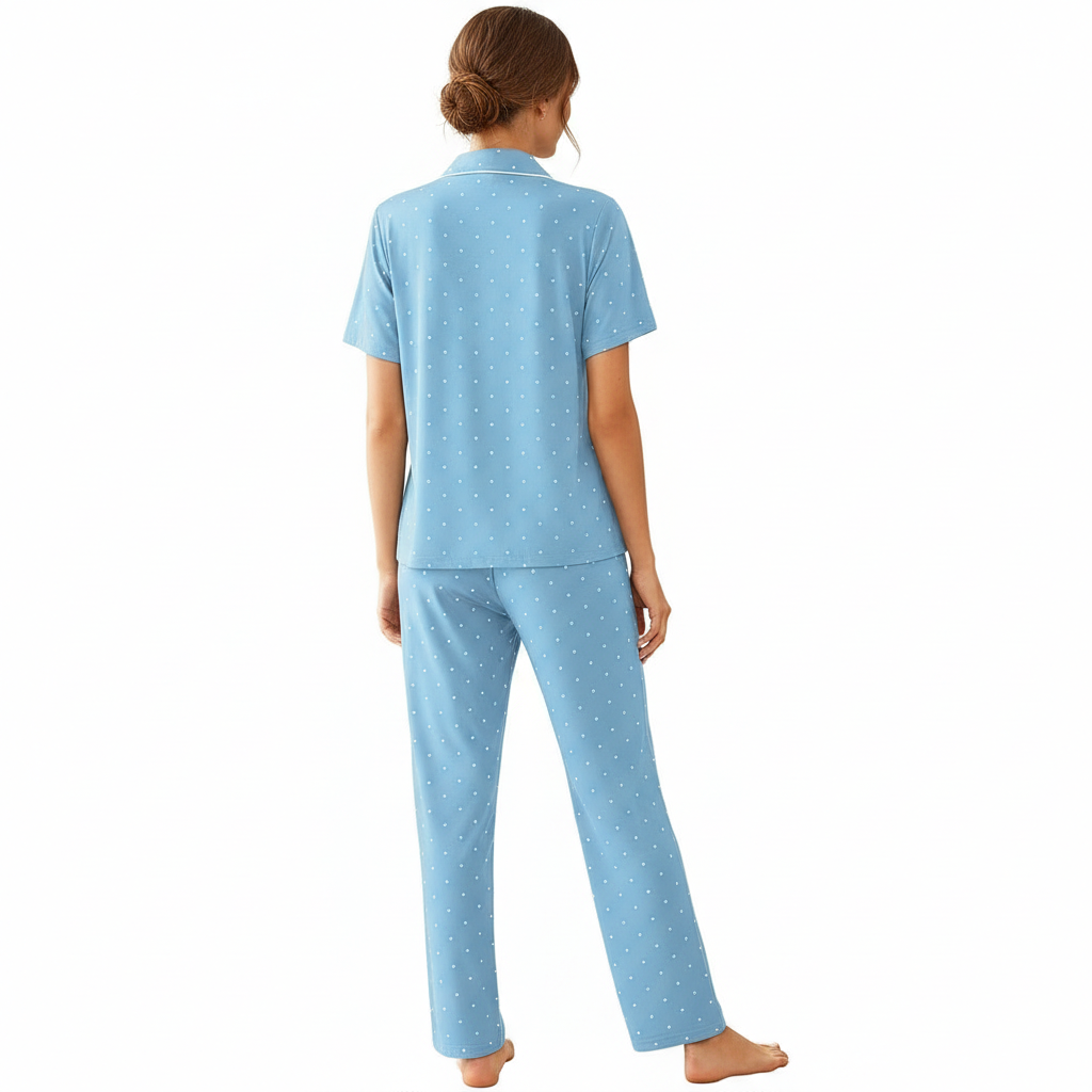 Pajamas Set With Notch Collar Button Down Top And Long Pants For Women