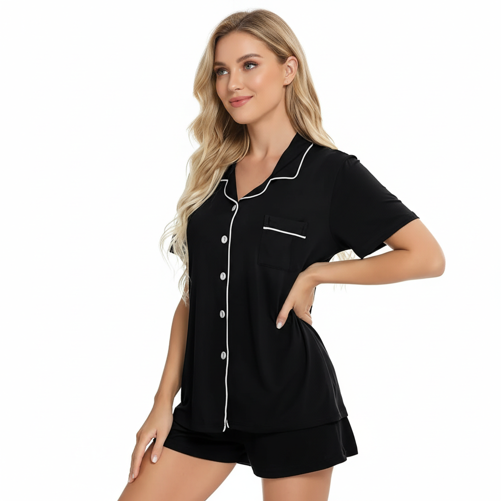 2 Piece Short Sleeve Button Front Pajama Set For Women