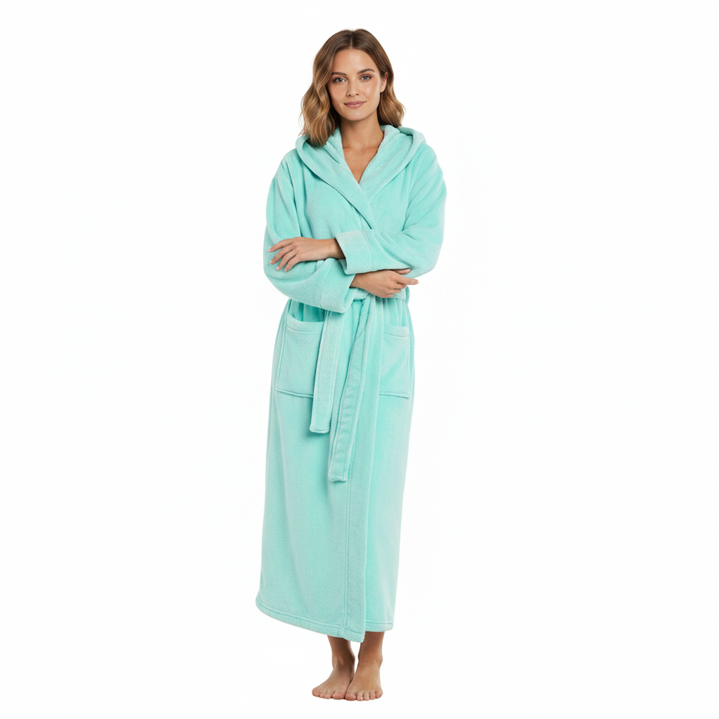 Full Length Hooded Plush Fleece Bathrobe With Belt For Women