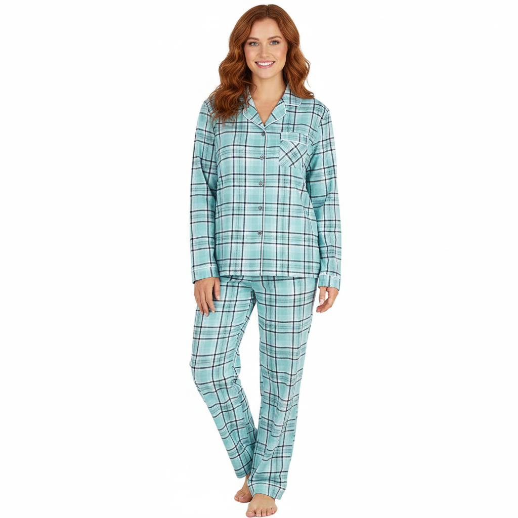 Flannel Button Down Long Sleeve Pajama Set For Women