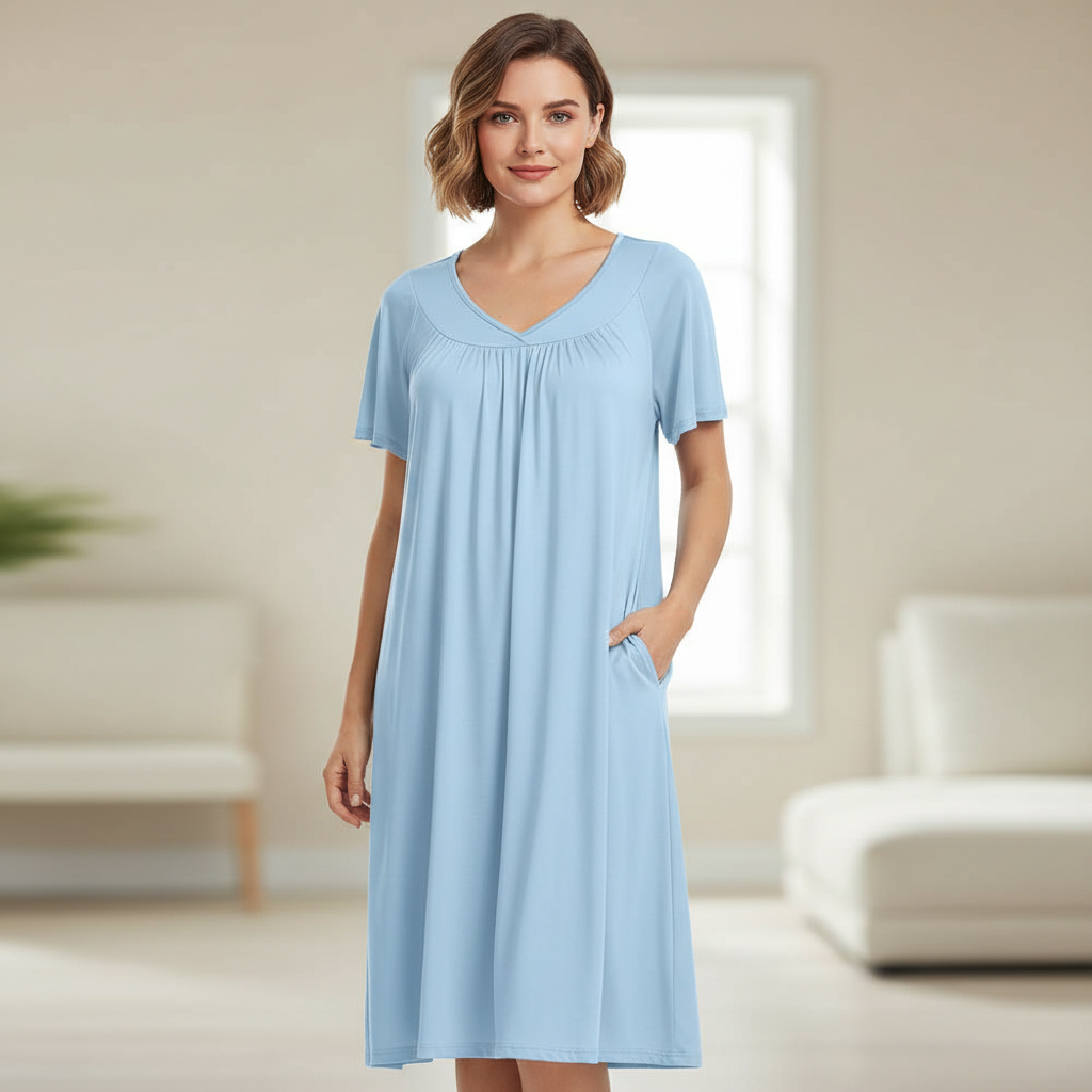 Pleated Nightgowns Short Sleeve House Dress