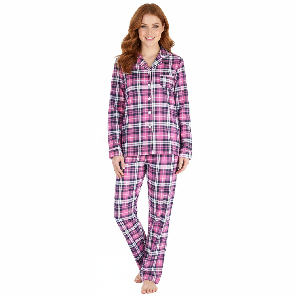 Flannel Button Down Long Sleeve Pajama Set For Women