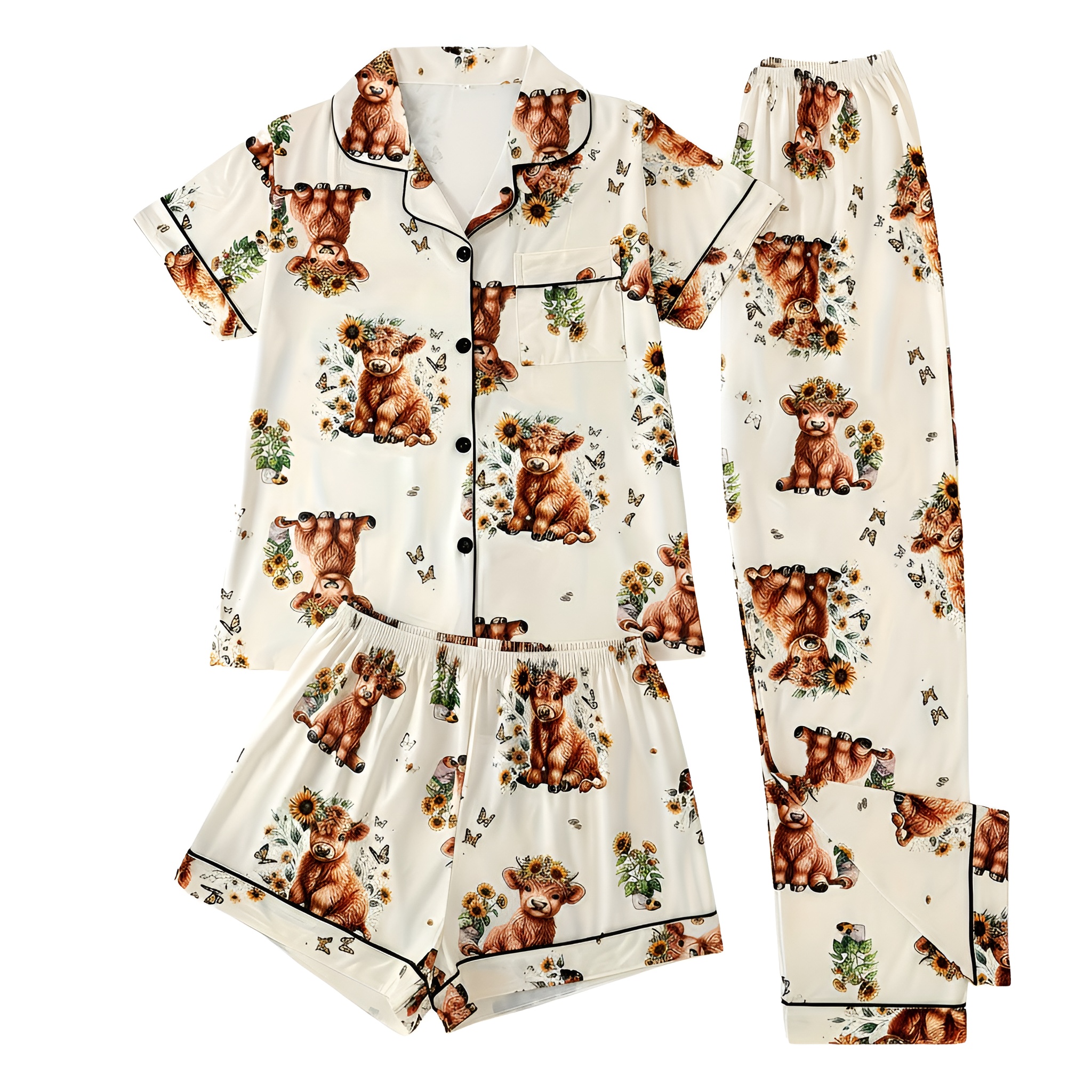 Cartoon Cow Three Piece Pajama Set