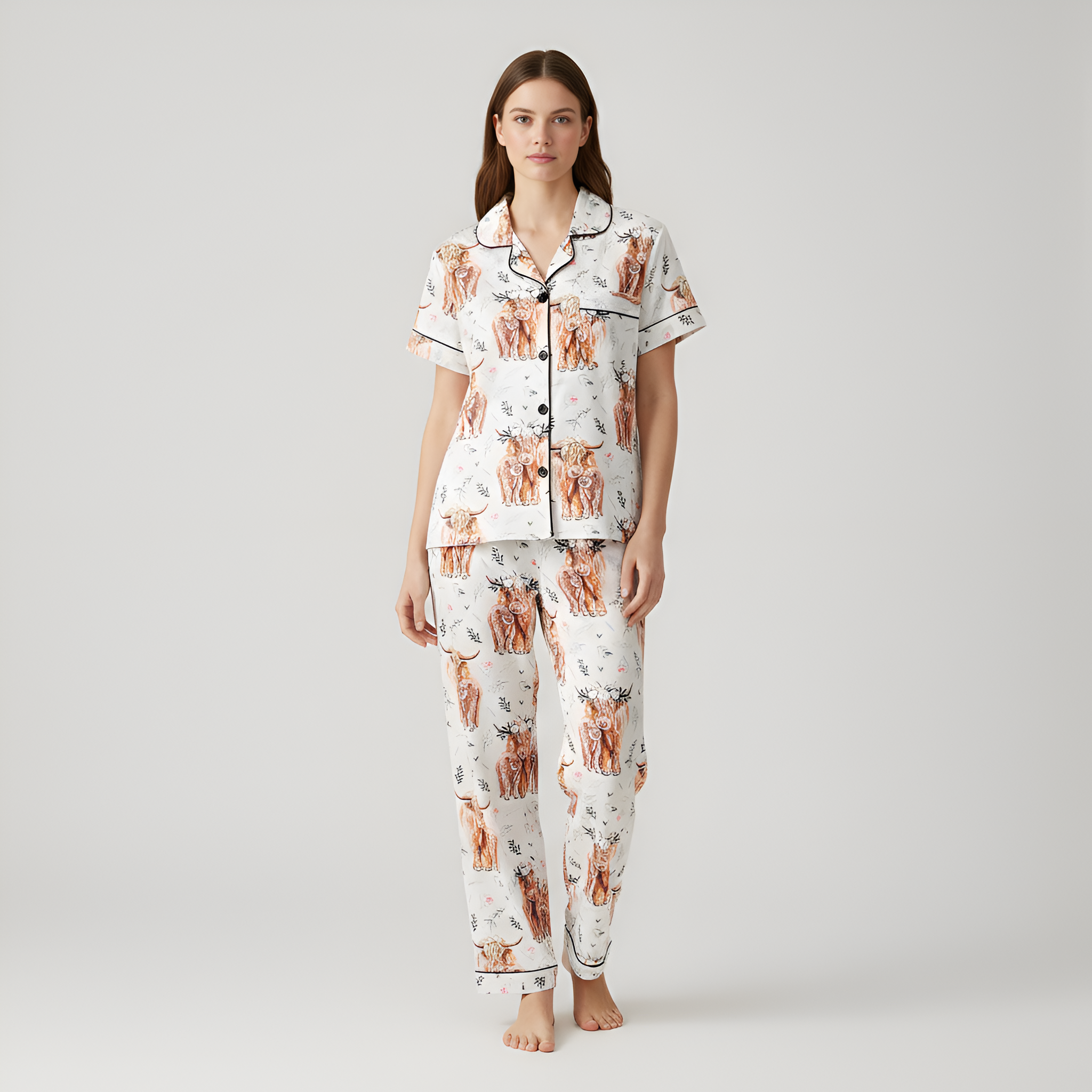 Three-piece floral cow print adult pajama set, can be worn outside