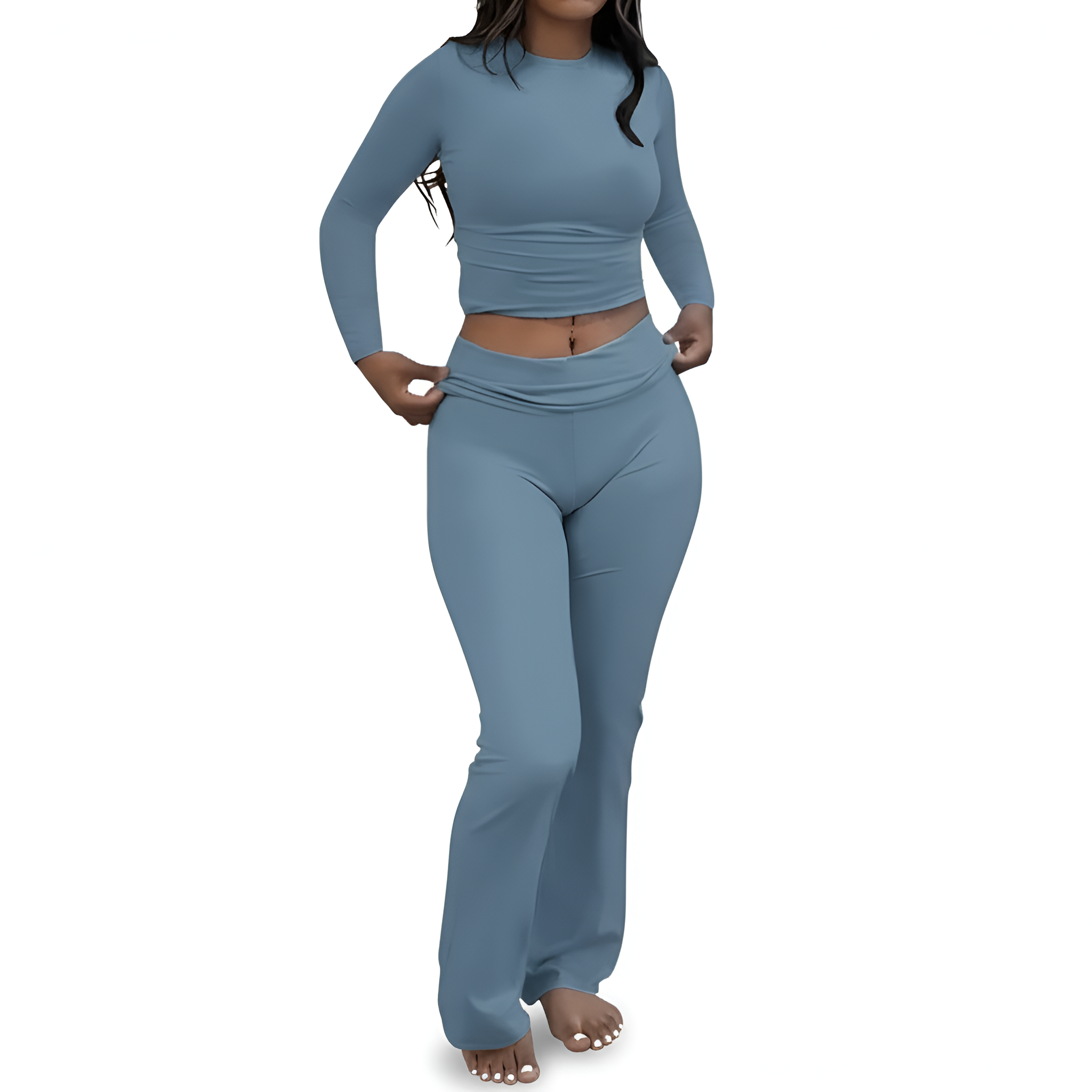 2 Piece Of Soft Lounge Wear Long Sleeve Top And Flared Pants Set For Women