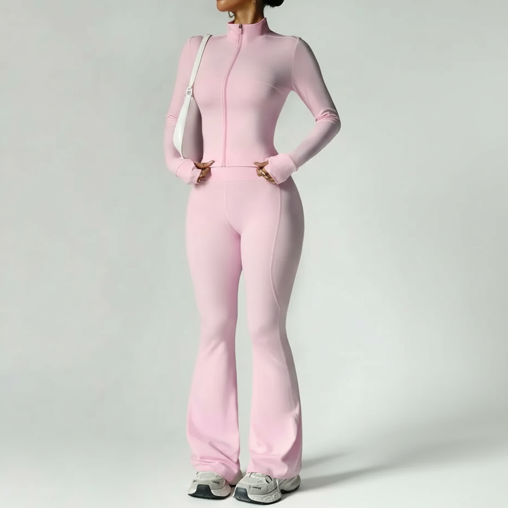 Two Piece Stand Collar Zipper Loungewear Set For Women