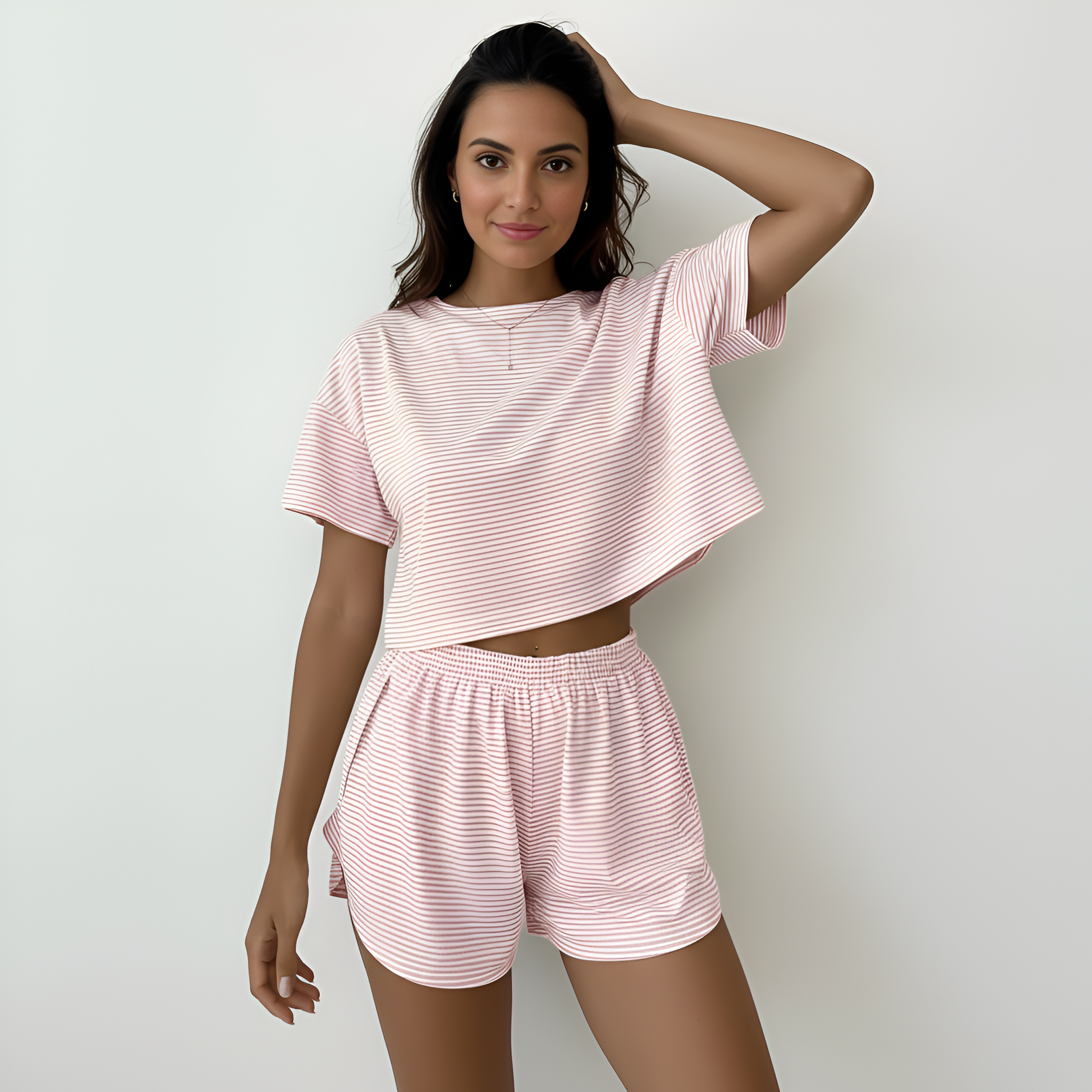 Two Piece Striped Lounge Pajama Set With Comfy Shorts