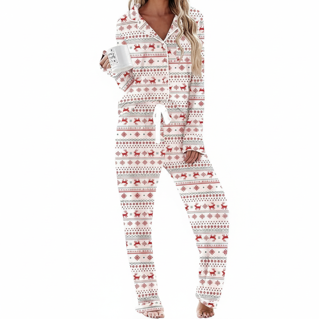 Soft Long Sleeve Pajama Set Button Front Sleepwear For Women