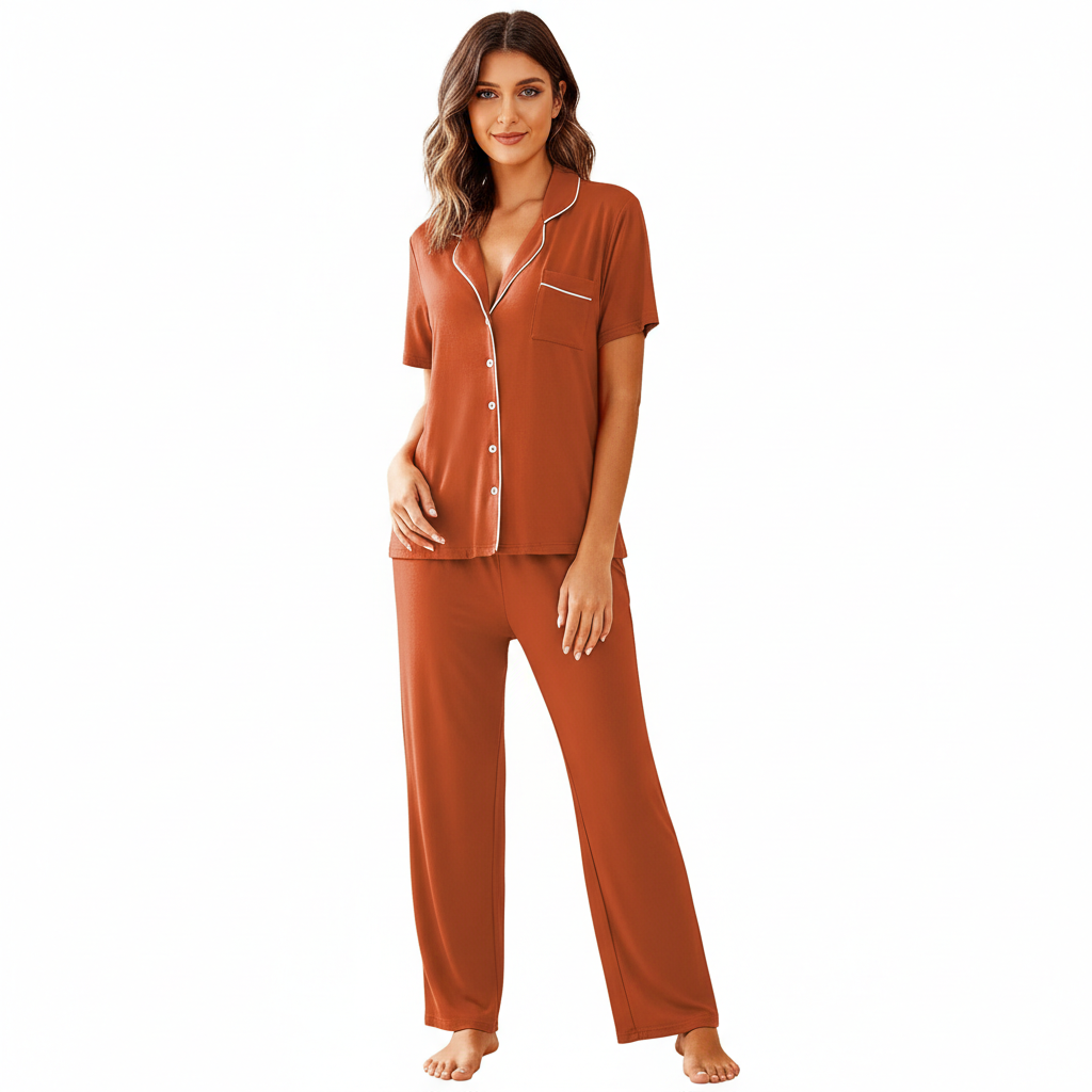 Pajamas Set With Notch Collar Button Down Top And Long Pants For Women