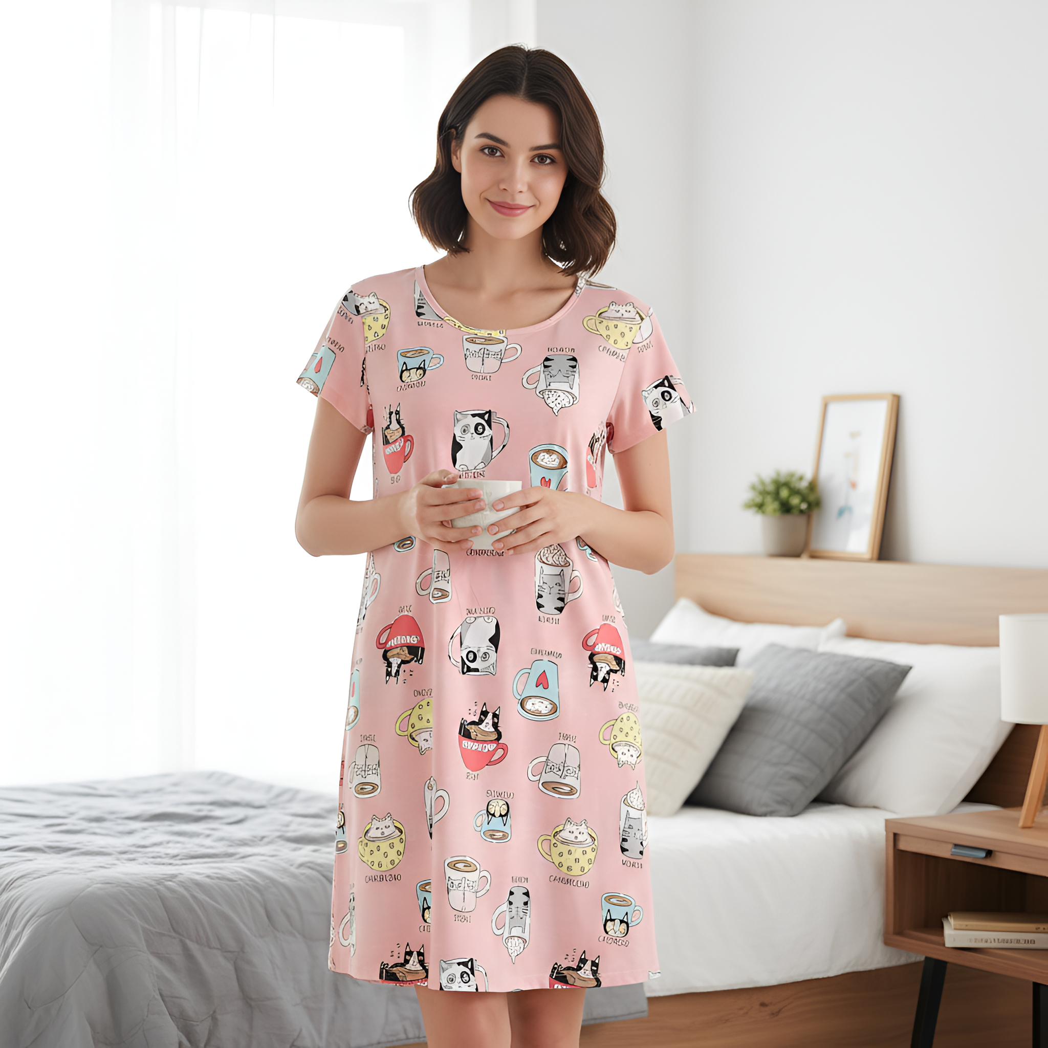 Casual Nightgown Short Sleeve Print Sleepdress 