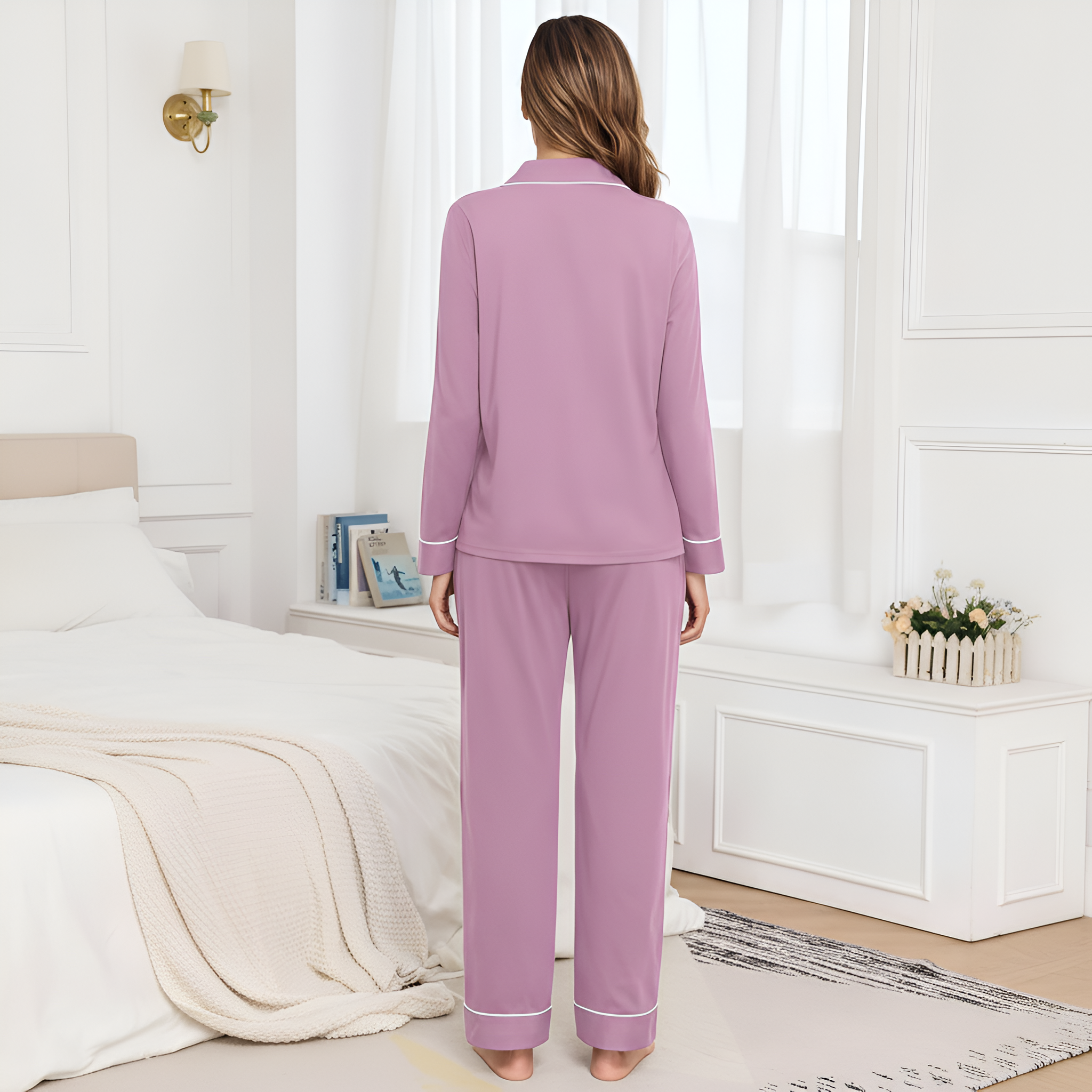 Long Sleeve Sleepwear Pajama Set With Button Down Design For Women