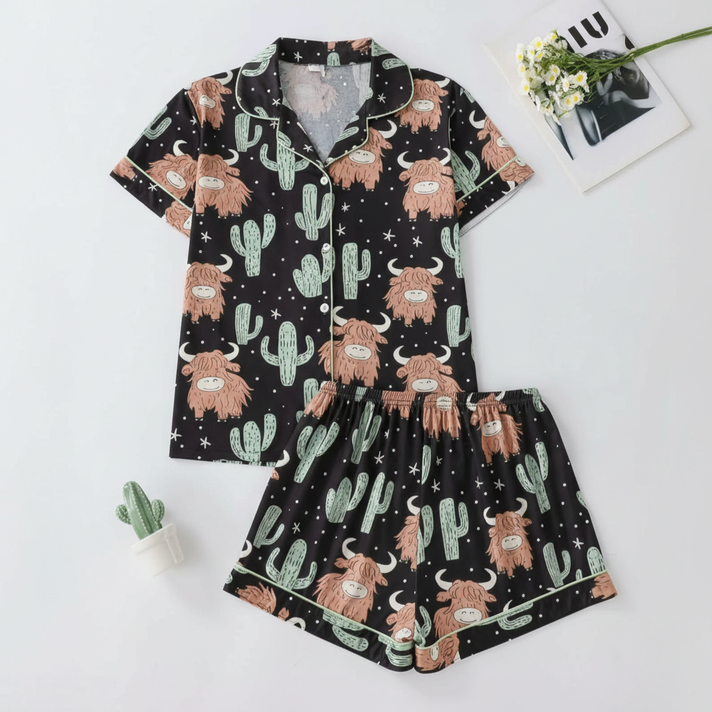 Lightweight Two Piece Cartoon Yak And Cactus Printed Pajama Set 