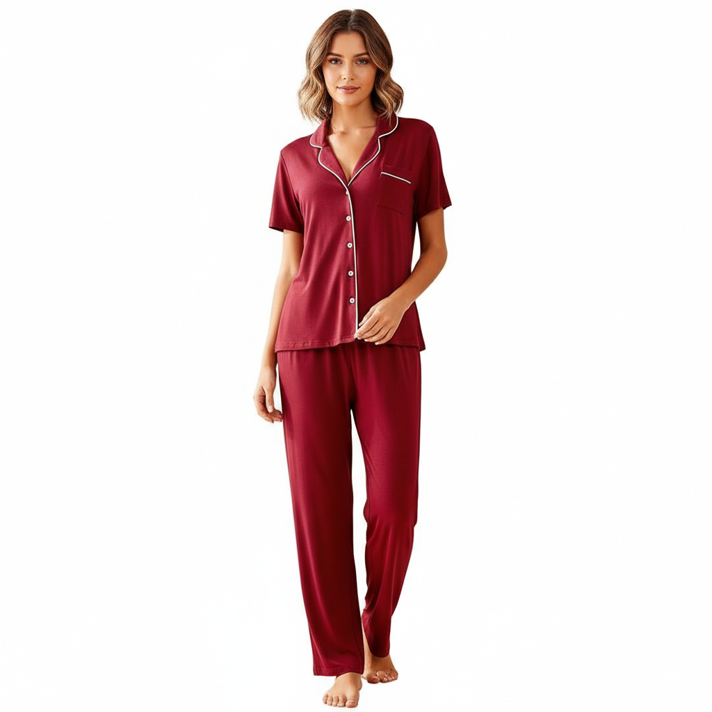 Pajamas Set With Notch Collar Button Down Top And Long Pants For Women