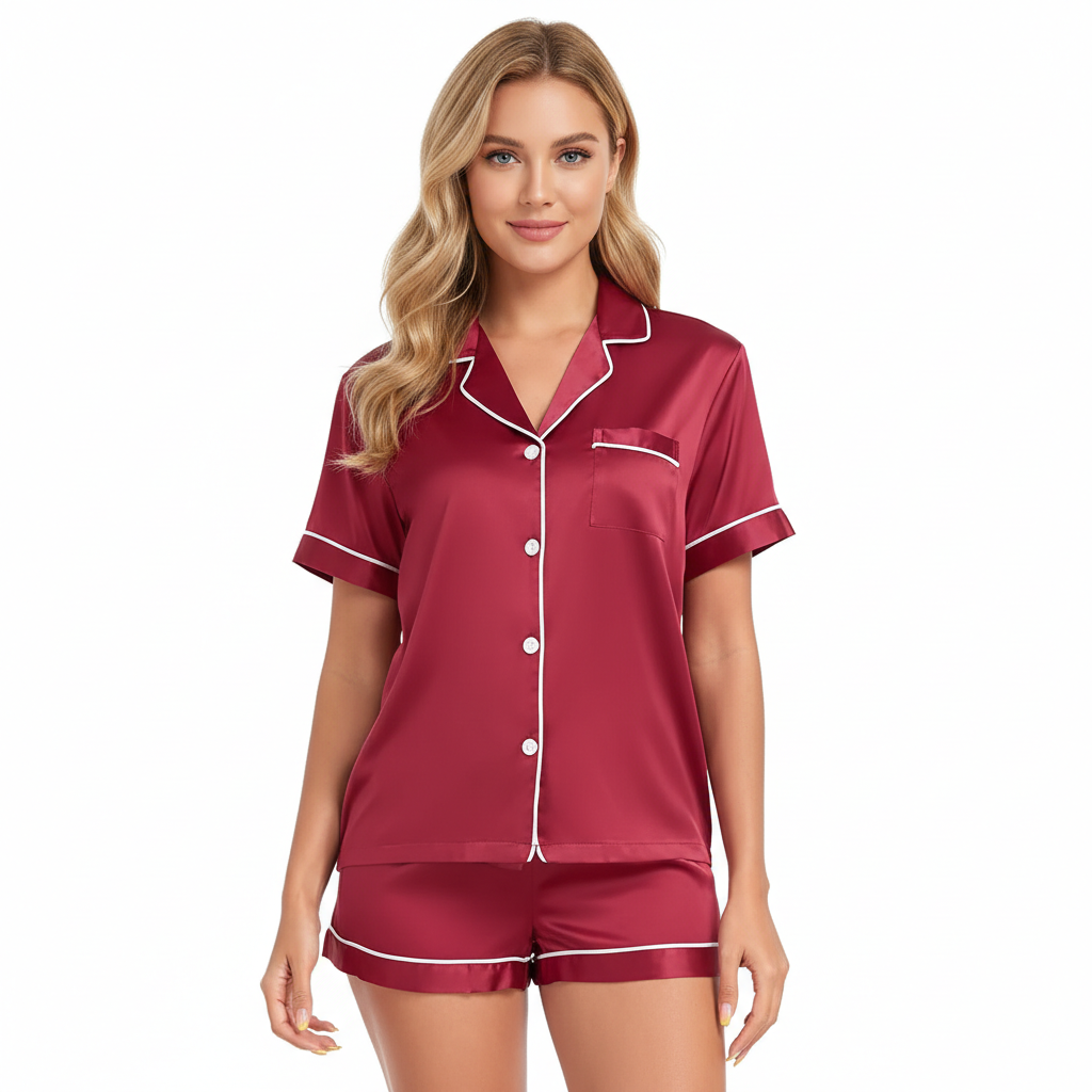 2 Piece Short Sleeve Button Down Top And Shorts Pajama Set For Women