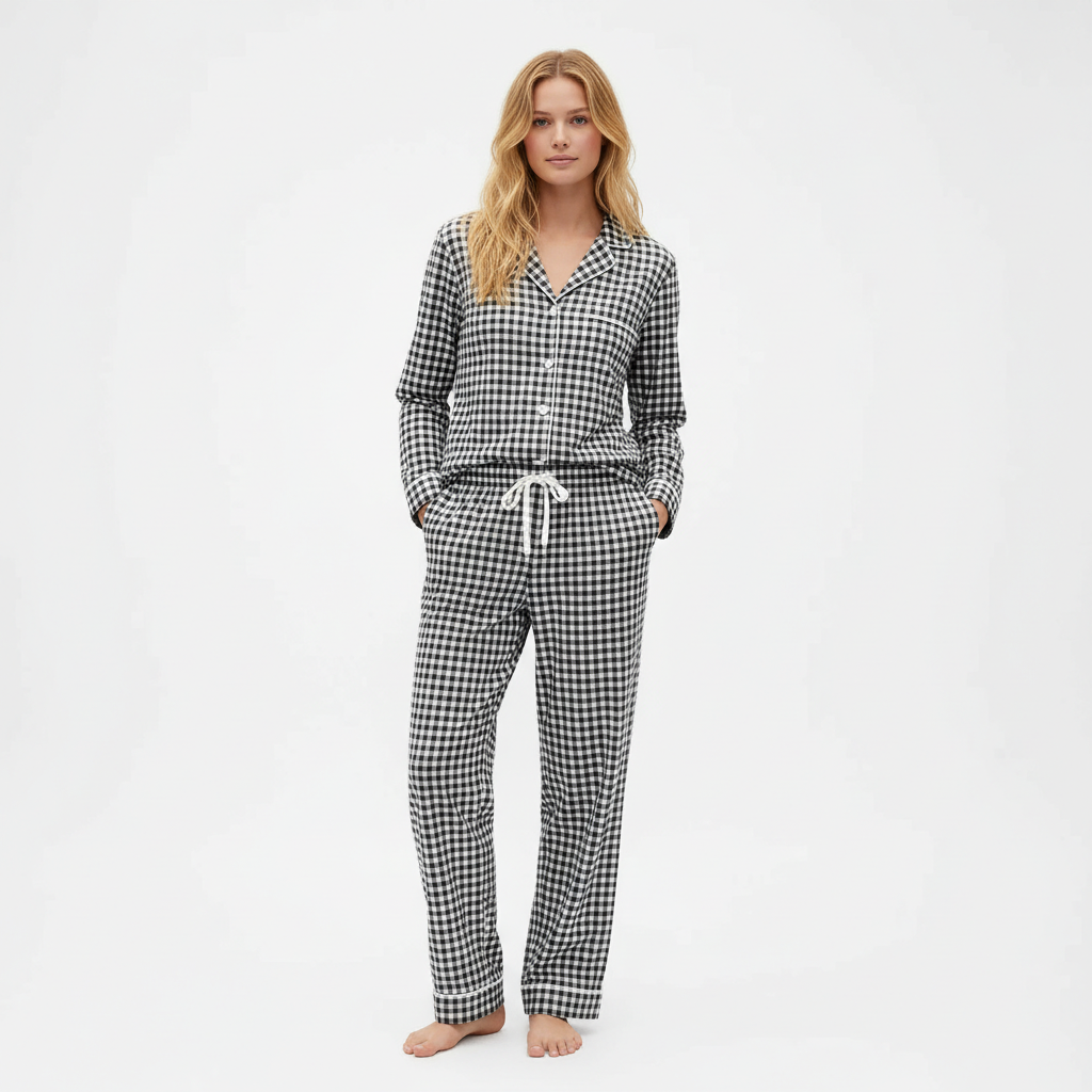 Flannel Pajama Set With Button Front Top and Drawstring Pants