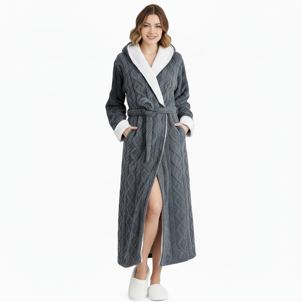 Hooded Fleece Full Length Bathrobe For Women