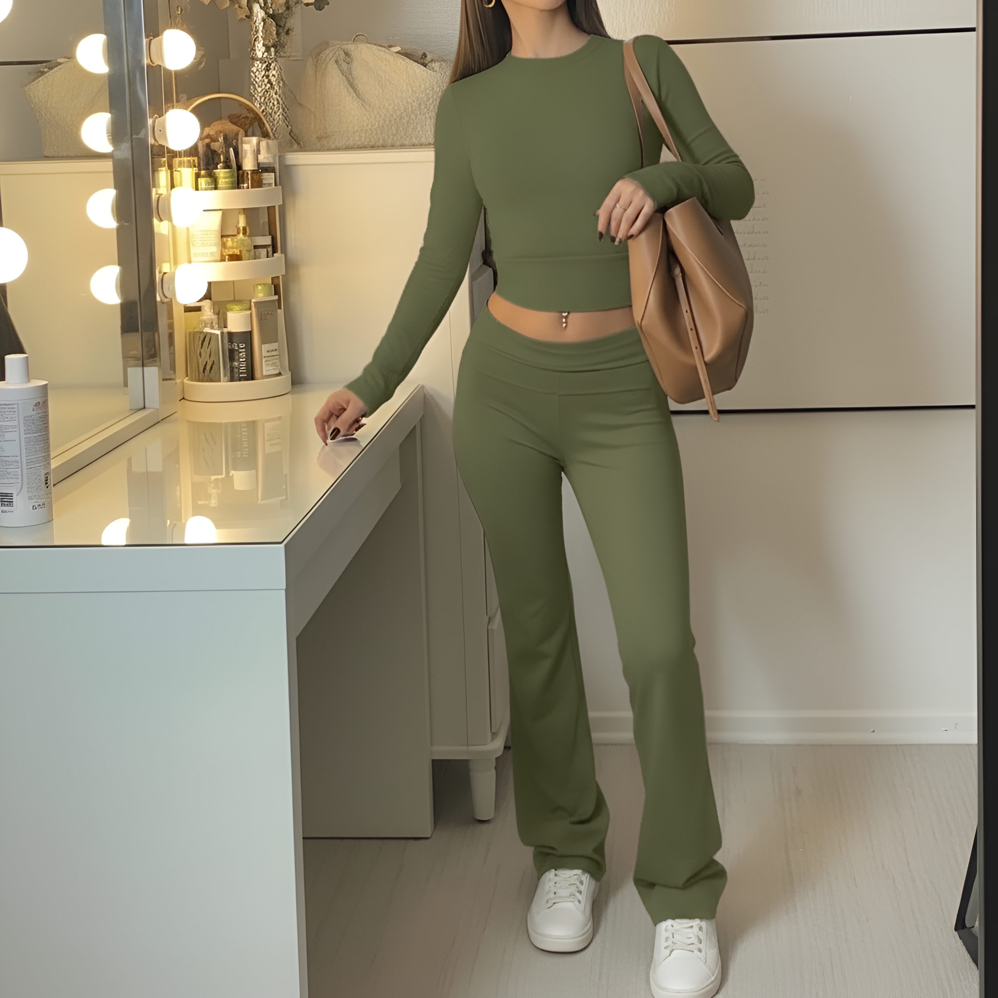 2 Piece Of Soft Lounge Wear Long Sleeve Top And Flared Pants Set For Women