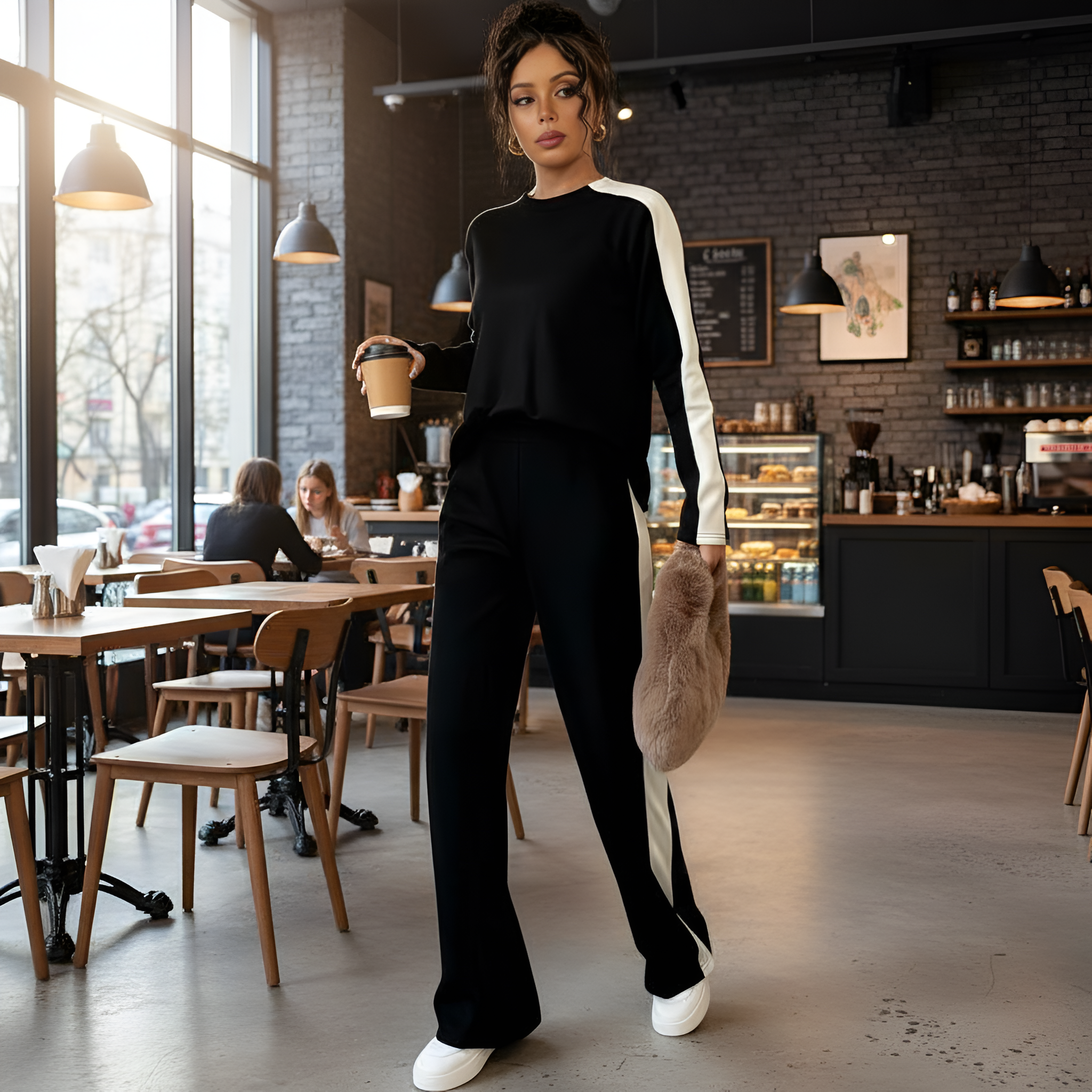 Two Piece Set With Striped Long Sleeve Top And Matching Trousers For Women