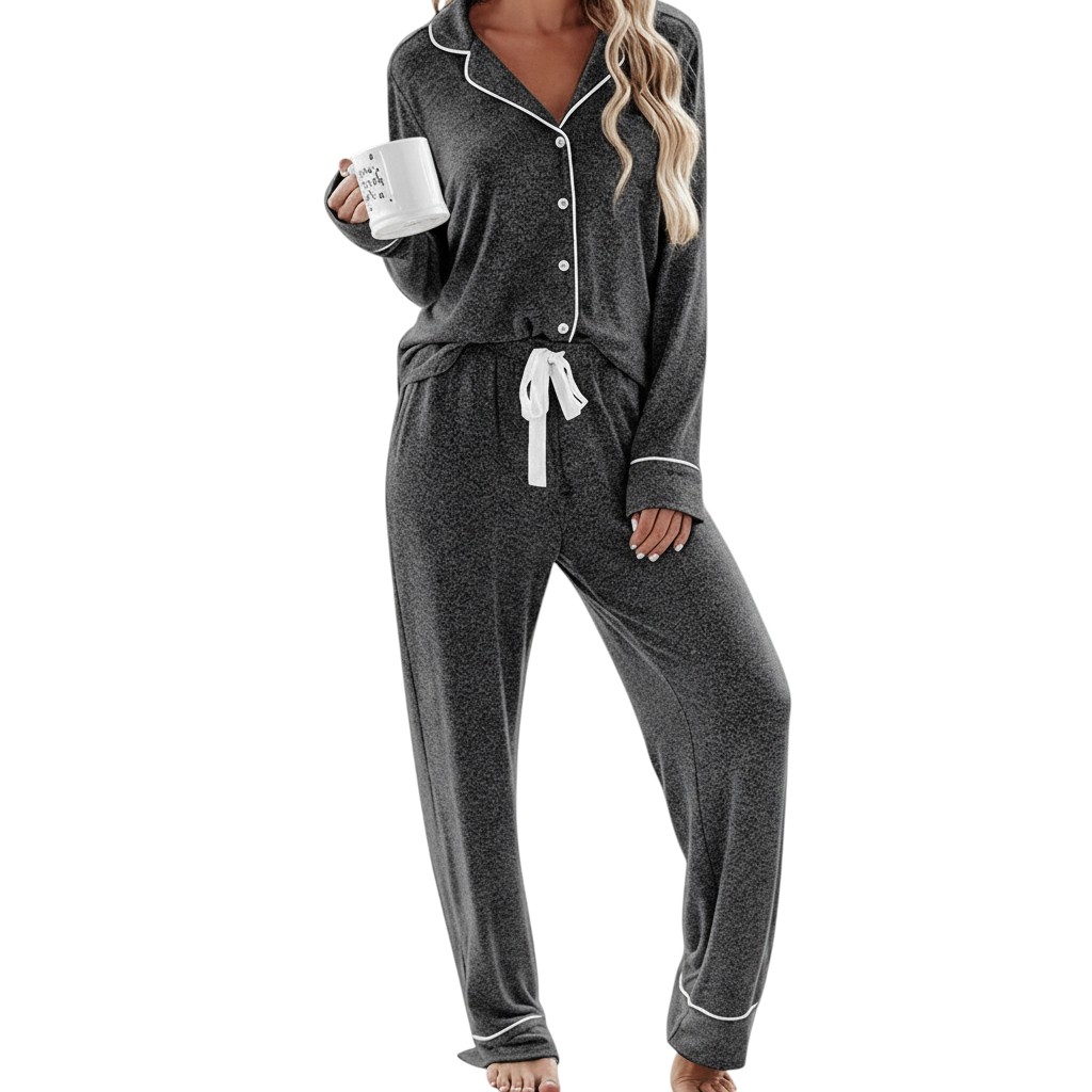 Soft Long Sleeve Pajama Set Button Front Sleepwear For Women