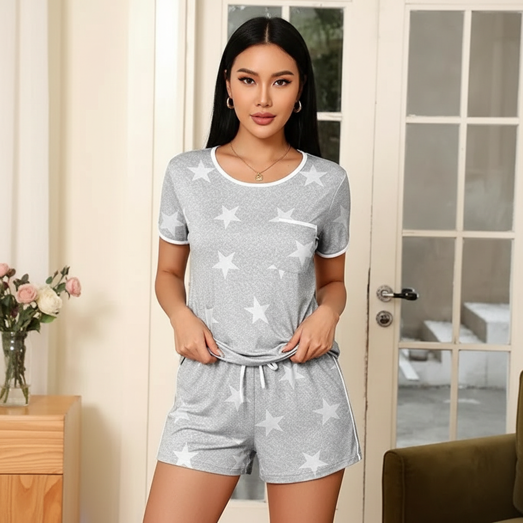 2 Piece Of Lightweight Pajama Set Short Sleeve Lounge Wear For Women