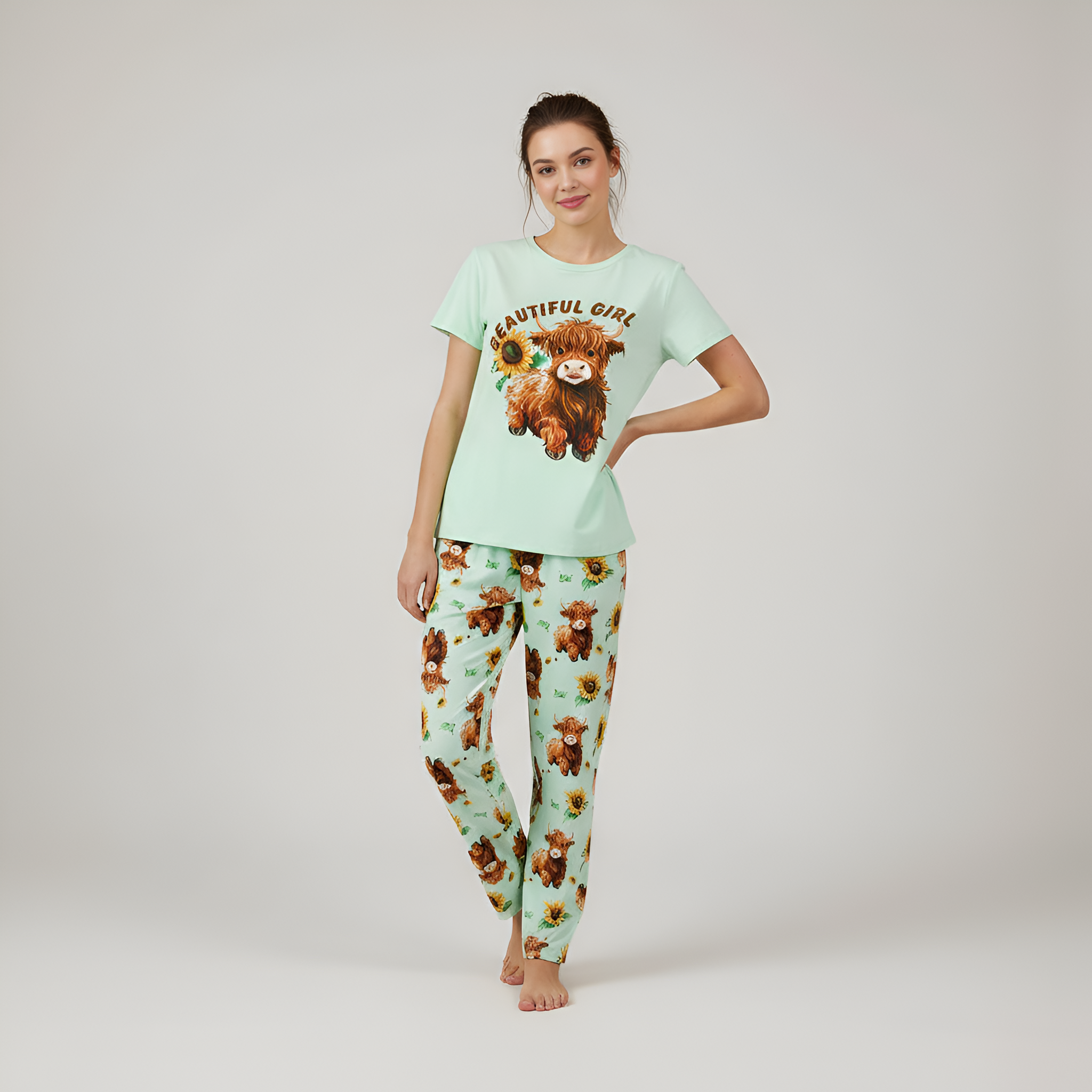 Highland Cow Print 3 Piece Pajama Lounge Set For Women