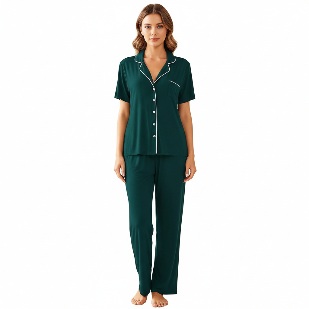 Pajamas Set With Notch Collar Button Down Top And Long Pants For Women