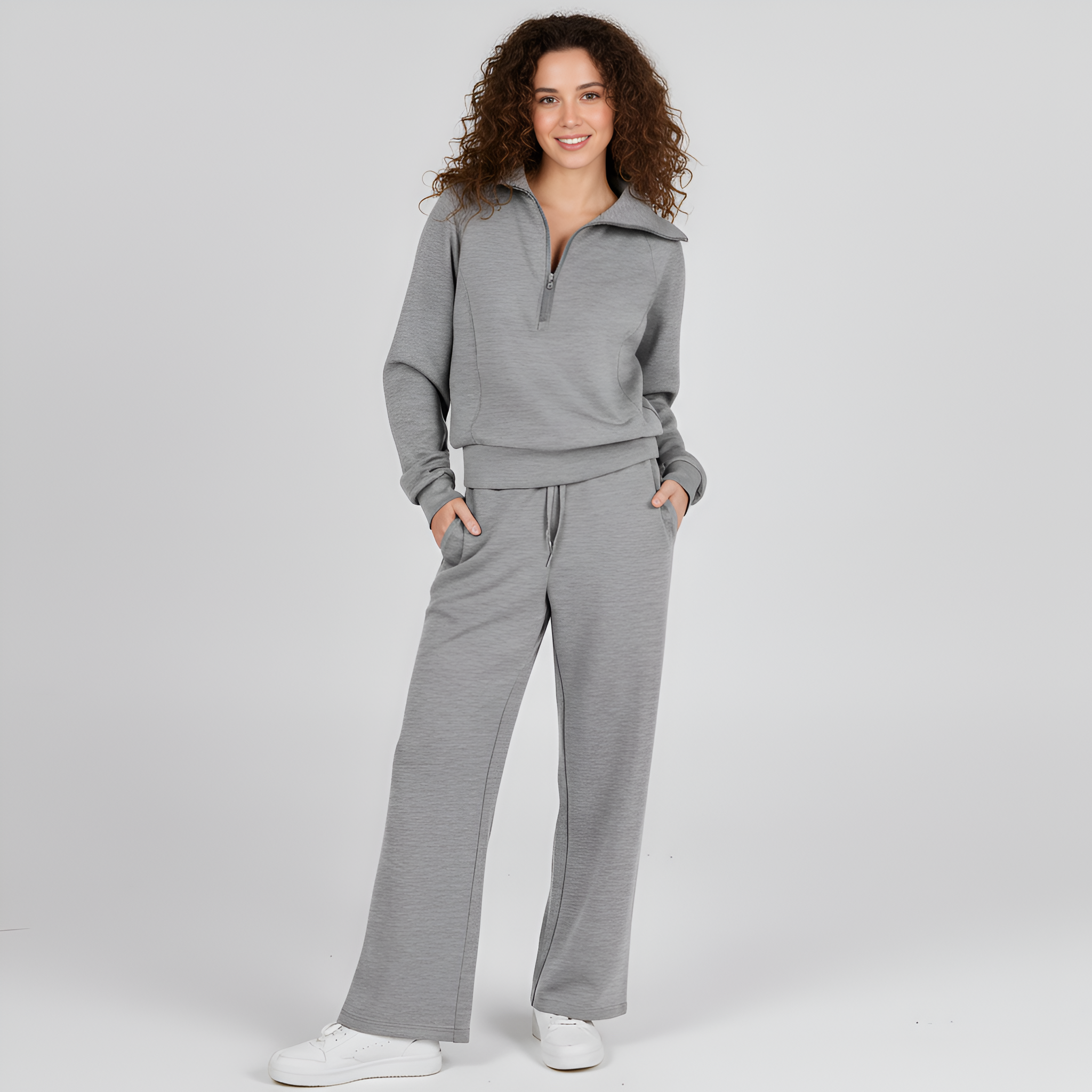 Two Piece Casual Set With Half Zip Collar Top And Matching Drawstring Pants For Women