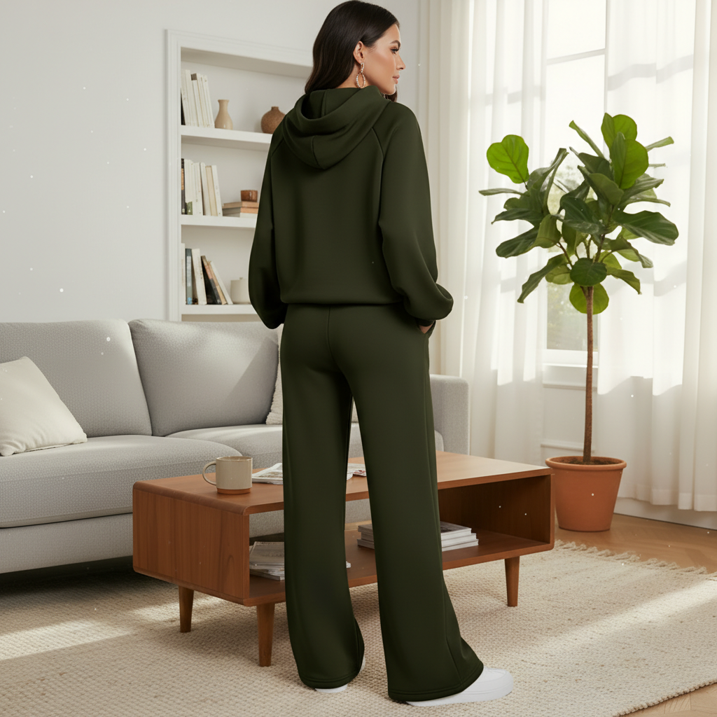 Two Piece Lounge Set With Drawstring Top And Matching Wide Pants For Women