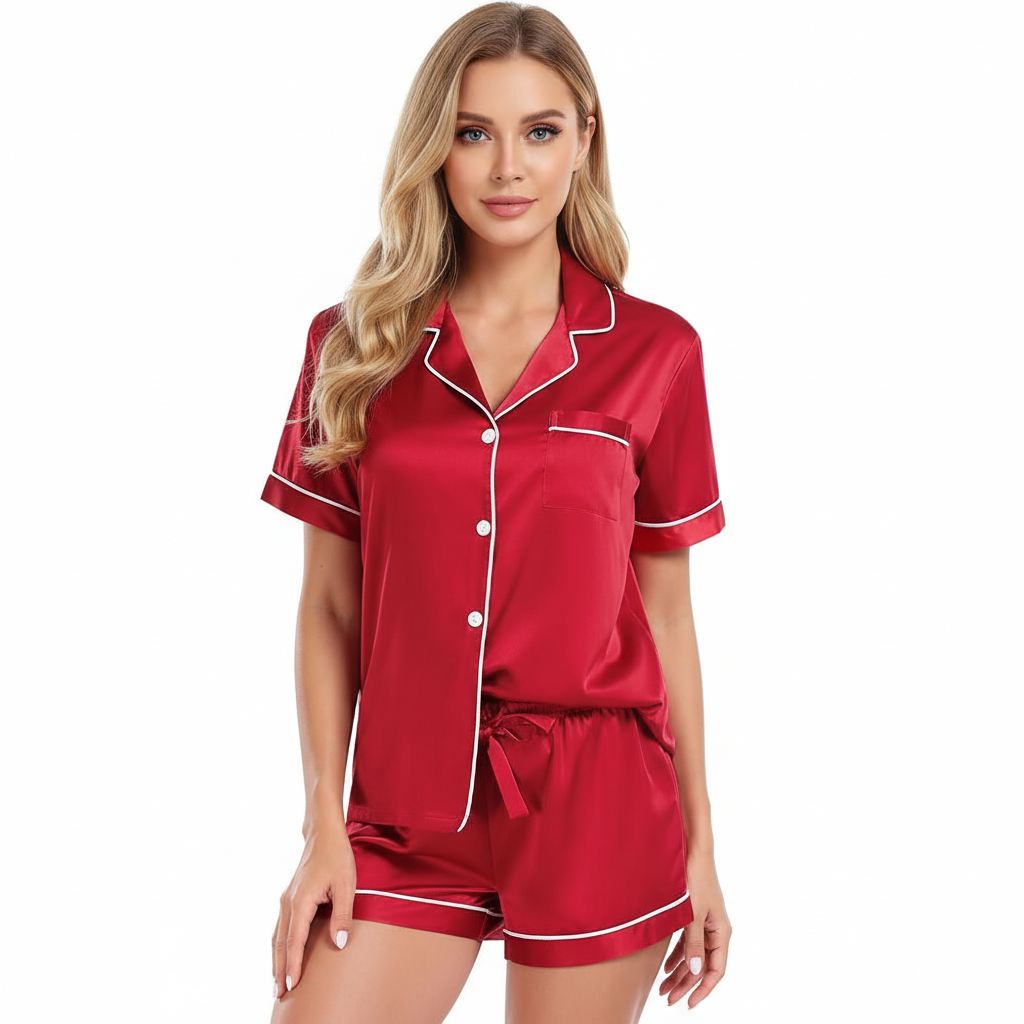 2 Piece Short Sleeve Button Down Top And Shorts Pajama Set For Women