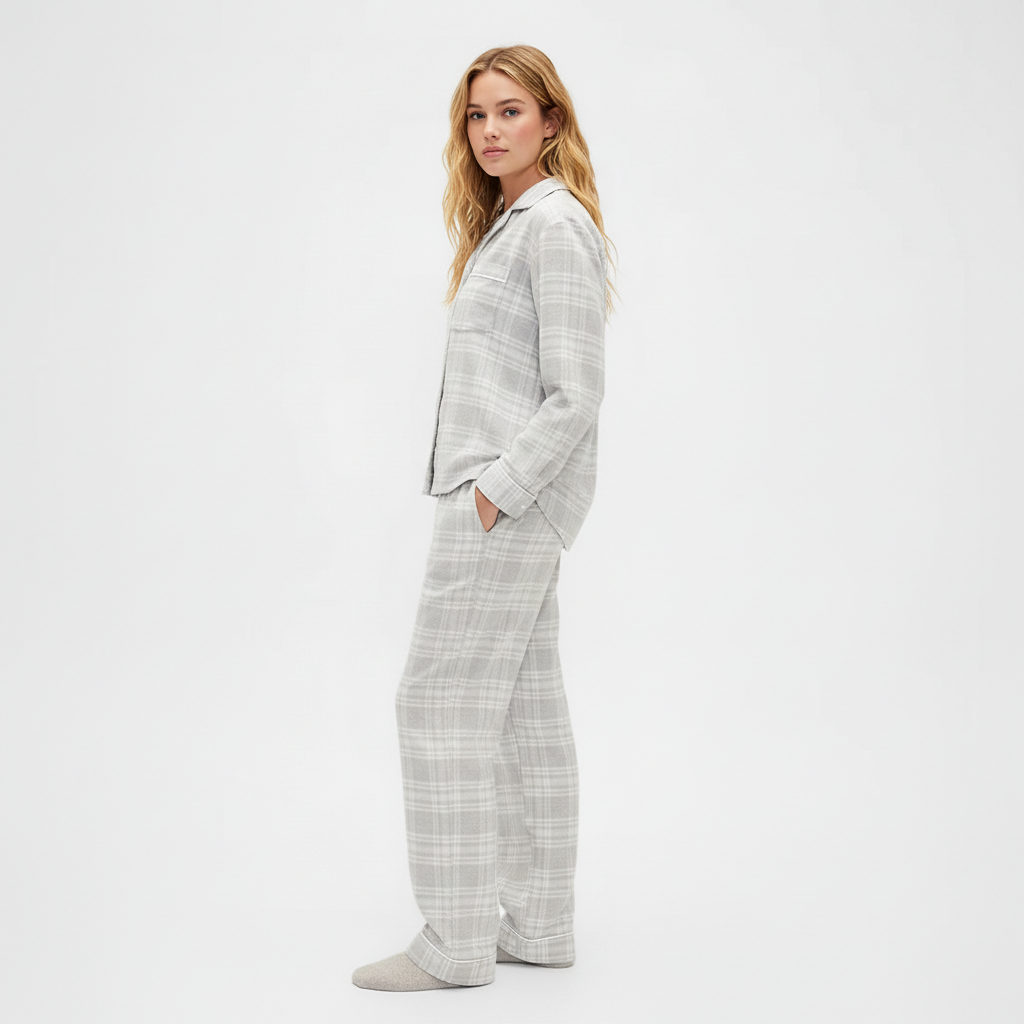 Flannel Pajama Set With Button Front Top and Drawstring Pants