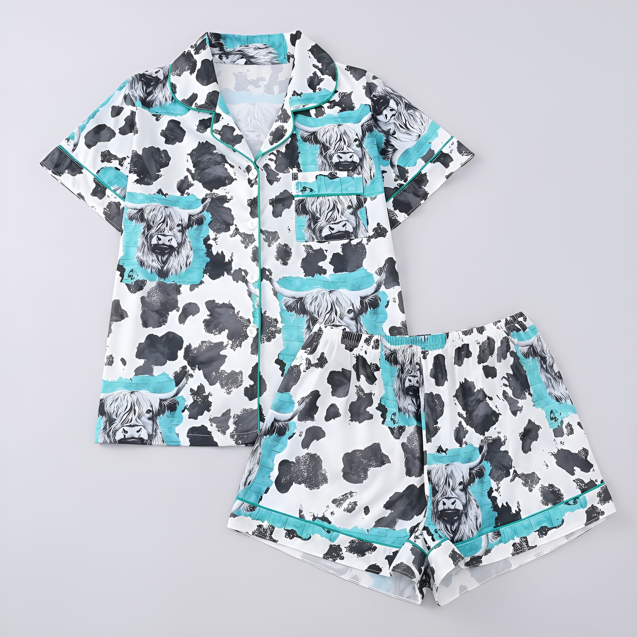 Ink Style Highland Cow Print Short Sleeve Pajama Set For Women
